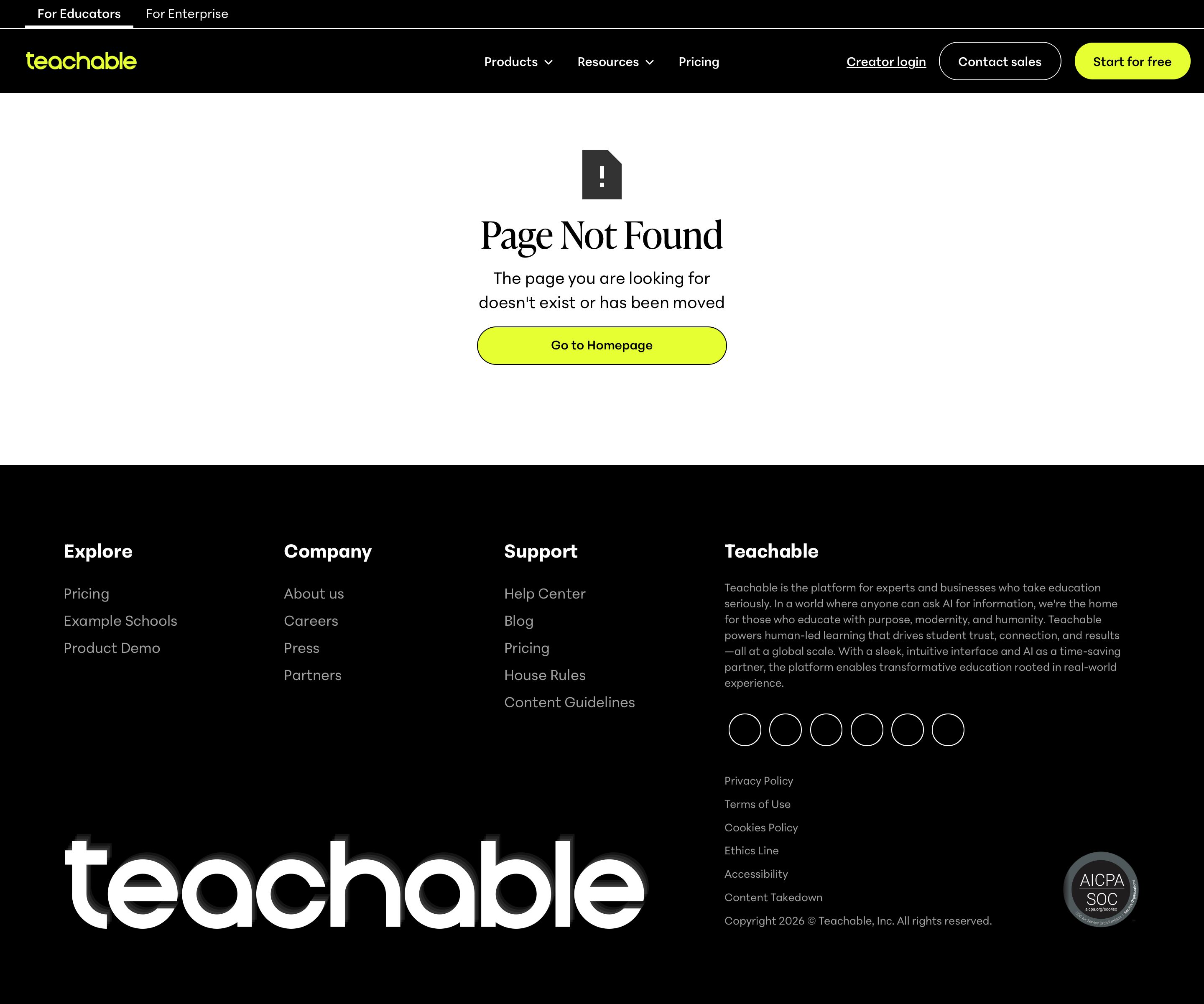 teachable.com - Page Not Found → Teachable - Desktop Screenshot