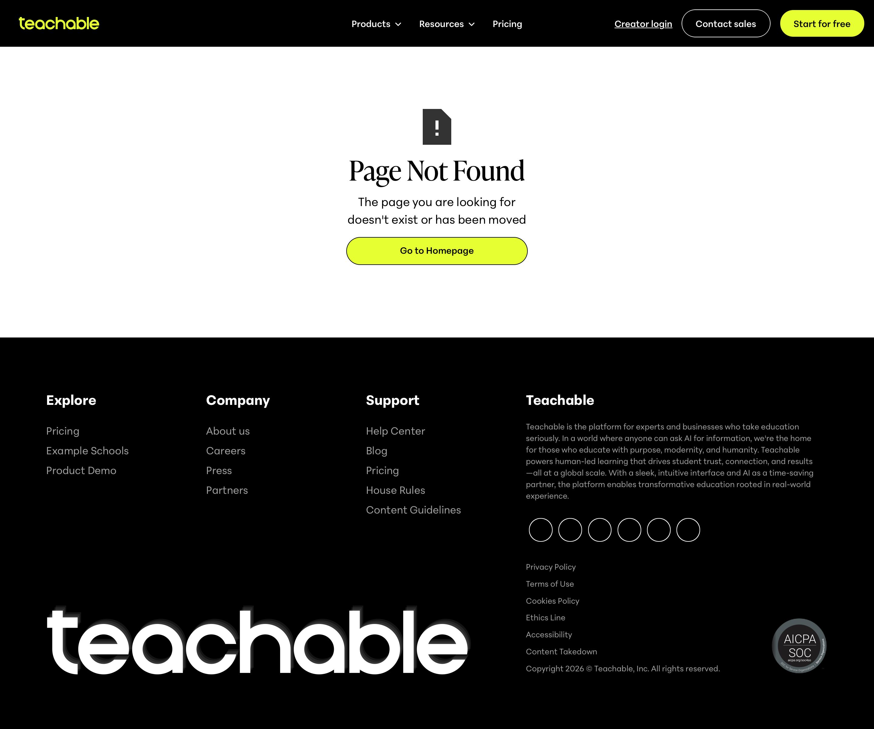 teachable.com - Page Not Found → Teachable - Desktop - Fri Jul 31 2026 04:51:31 GMT+0000 (Coordinated Universal Time) Screenshot