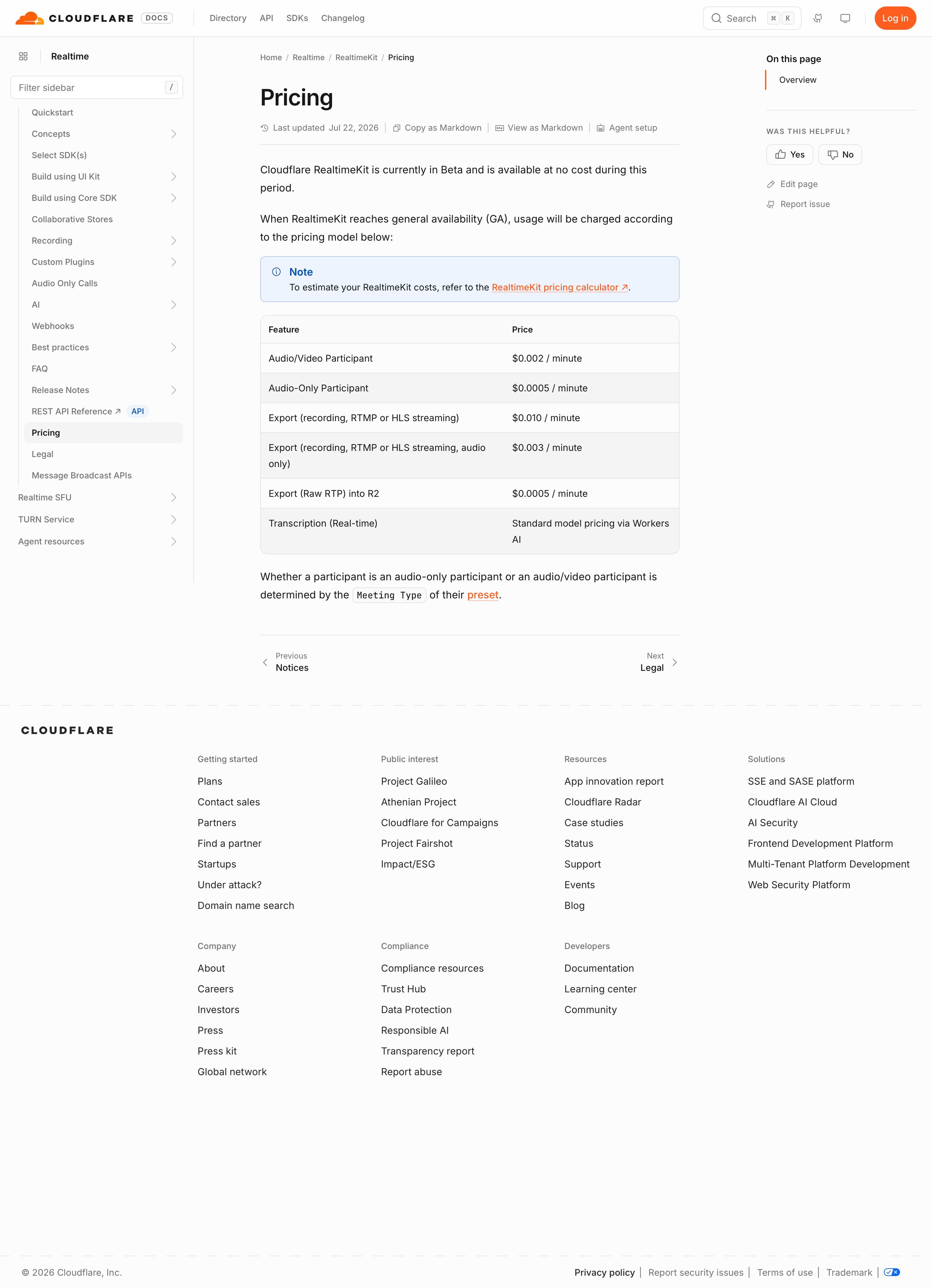 dyte.io - Pricing · Cloudflare Realtime docs - Desktop - Thu Jul 30 2026 10:02:19 GMT+0000 (Coordinated Universal Time) Screenshot