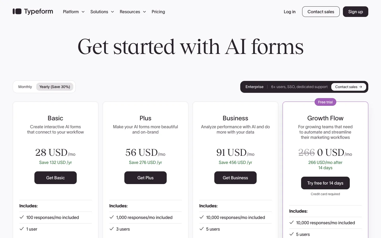 typeform.com - Pricing Screenshot Preview