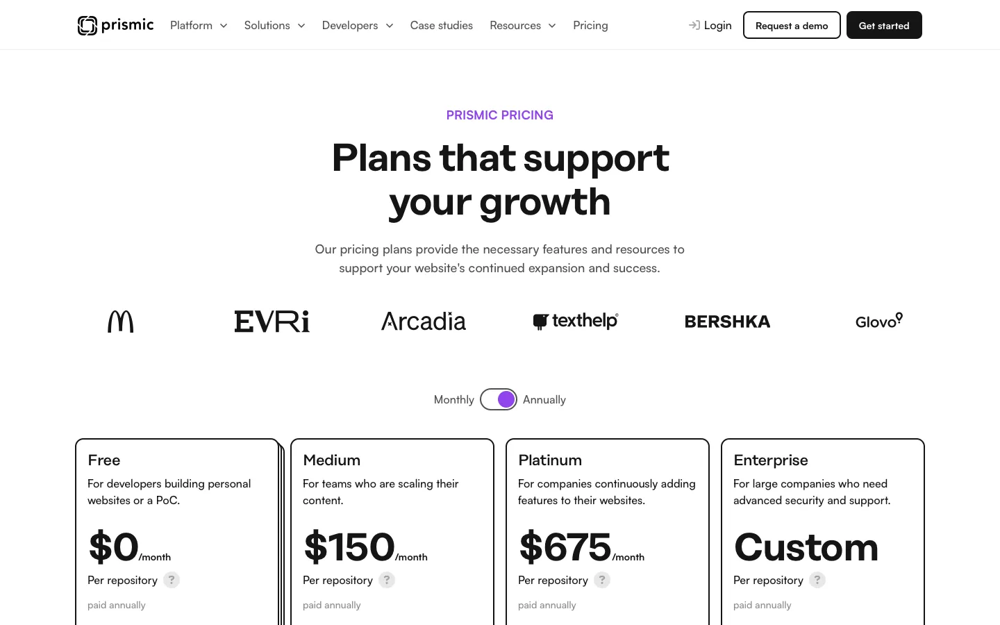 prismic.io - Pricing Screenshot Preview