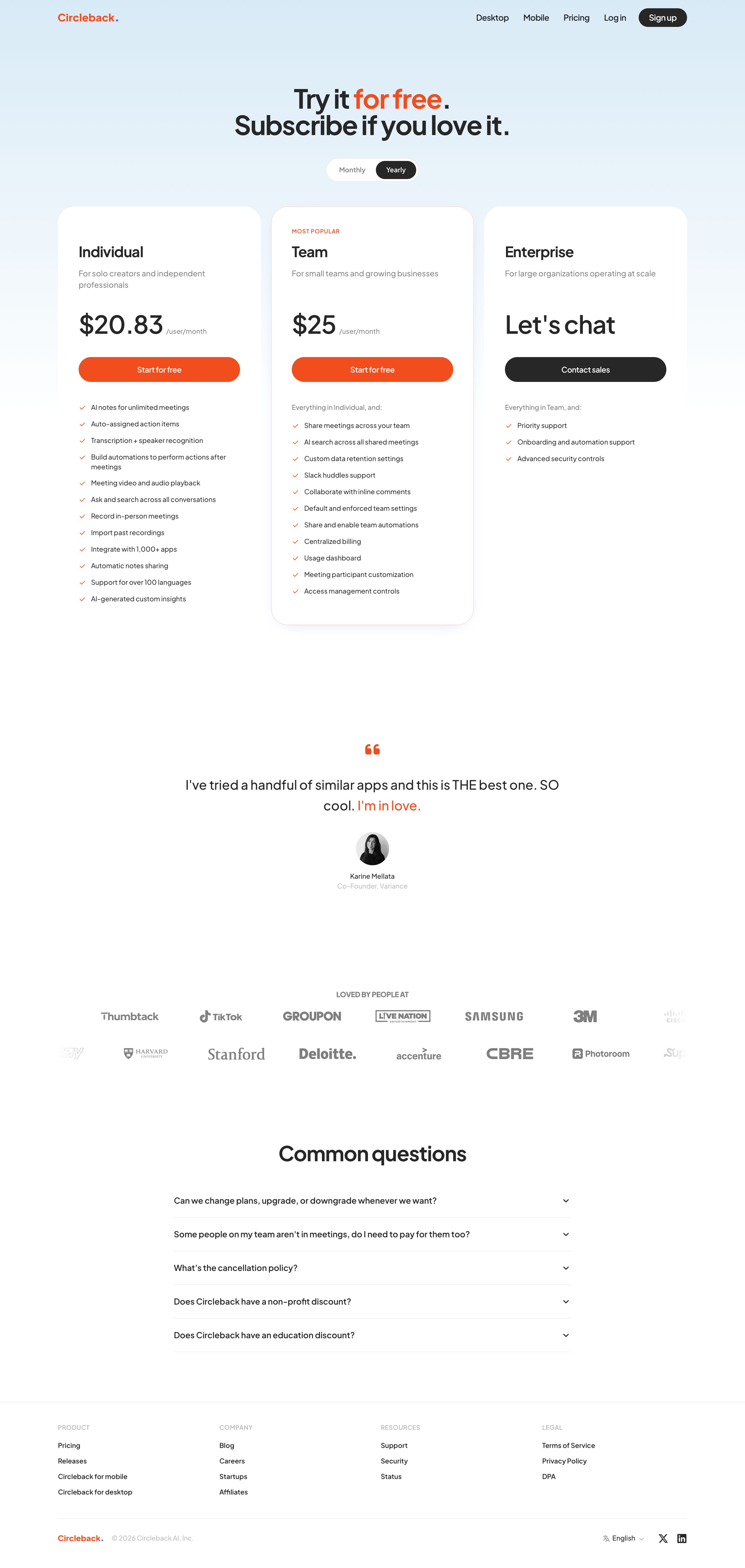 circleback.ai - Pricing - Circleback - Desktop - Tue Jul 28 2026 07:14:09 GMT+0000 (Coordinated Universal Time) Screenshot