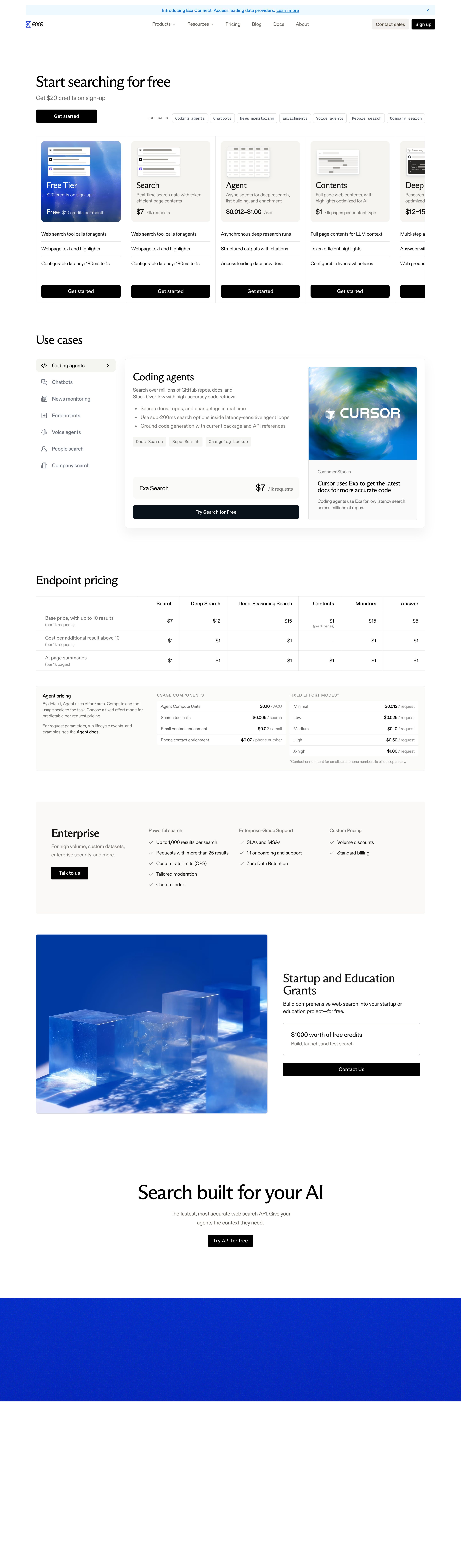exa.ai - Exa API Pricing | Pay-as-You-Go Plans for AI Search - Desktop - Wed Jul 29 2026 10:32:26 GMT+0000 (Coordinated Universal Time) Screenshot