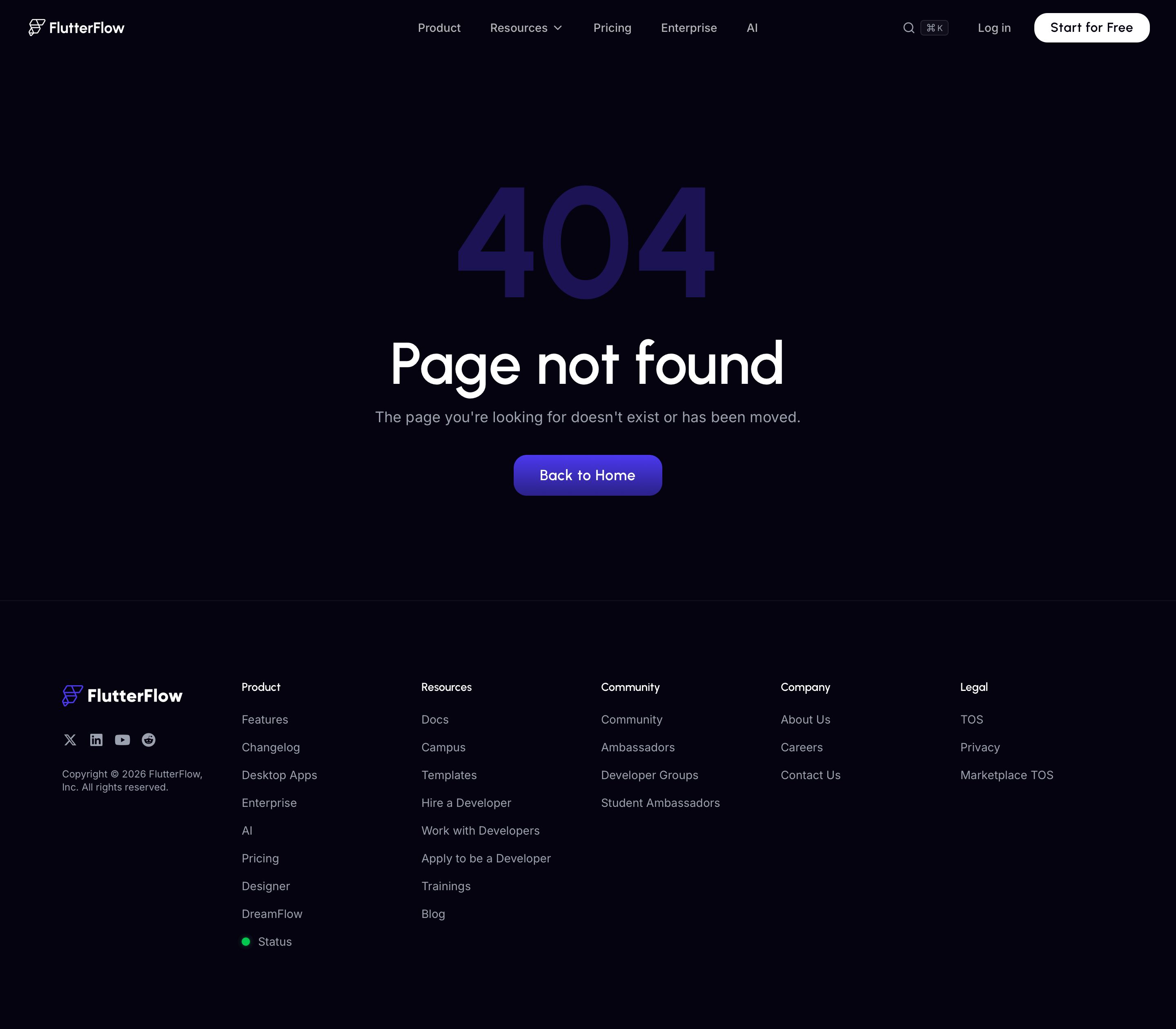 flutterflow.io - Page not found | FlutterFlow - Desktop - Mon Jul 27 2026 11:30:19 GMT+0000 (Coordinated Universal Time) Screenshot
