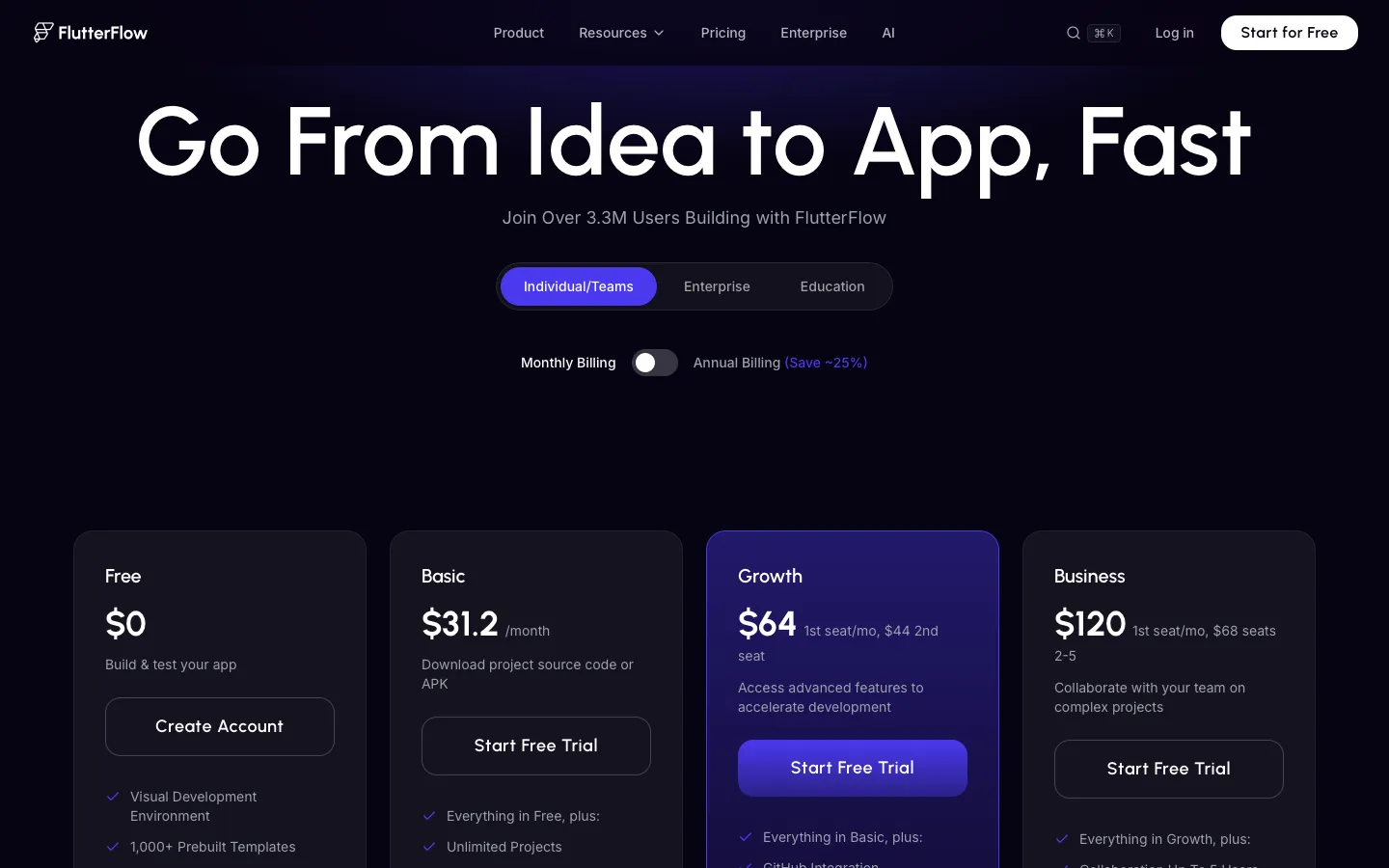flutterflow.io - Pricing Screenshot Preview