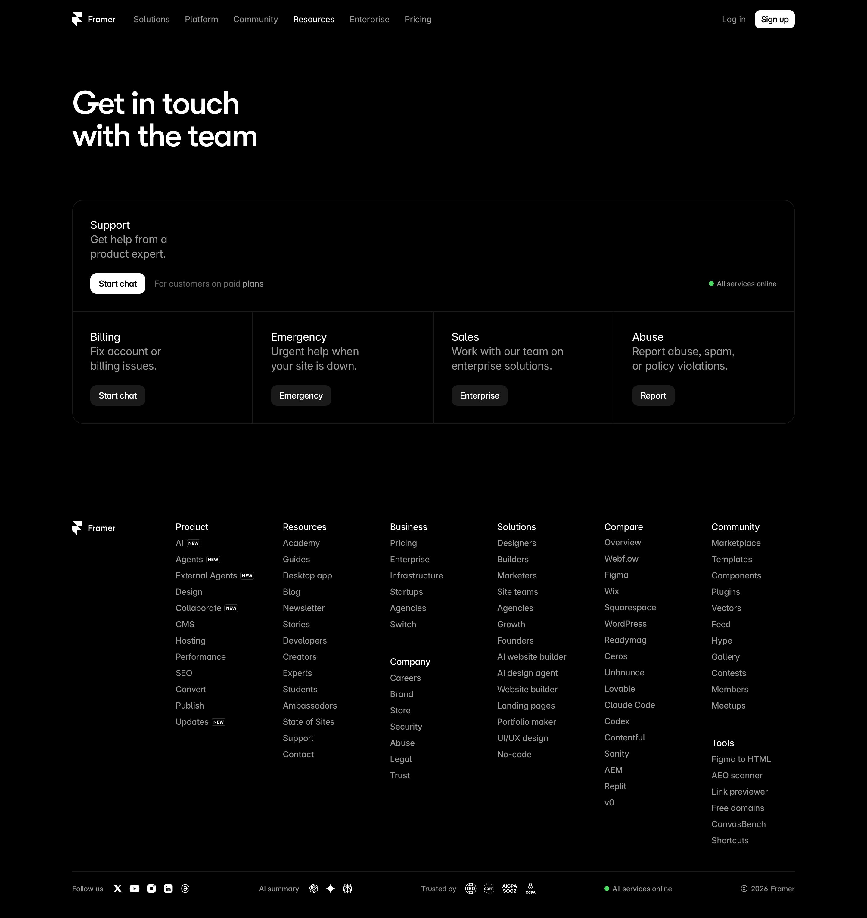 framer.com - Framer: Get in touch - Desktop - Sun Aug 02 2026 11:52:13 GMT+0000 (Coordinated Universal Time) Screenshot
