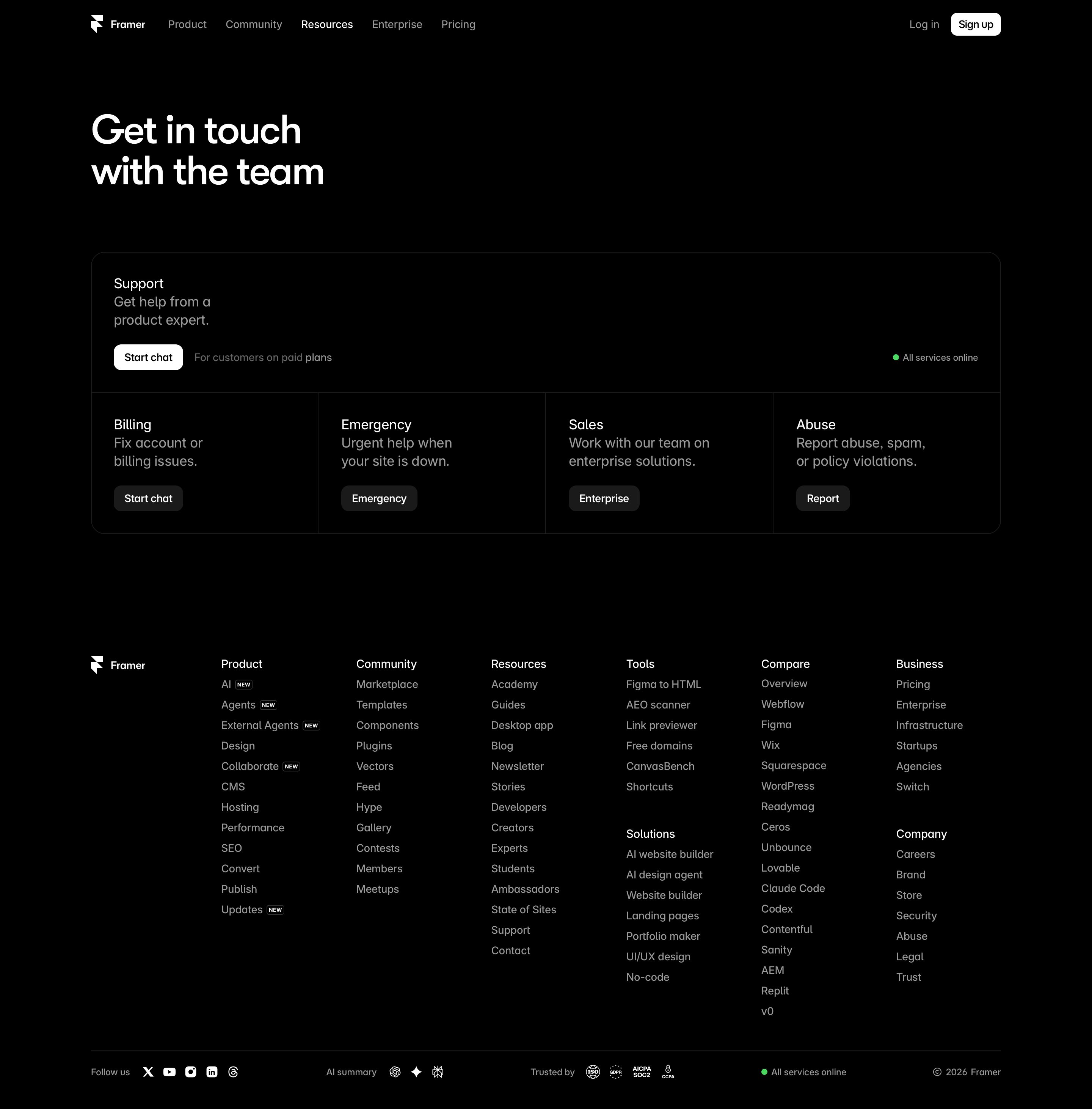 framer.com - Framer: Get in touch - Desktop Screenshot