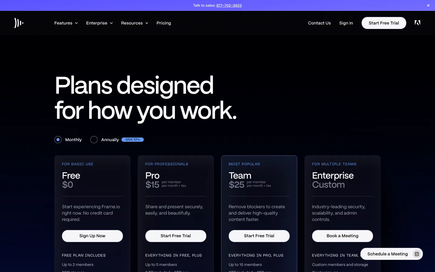 frame.io - Pricing Screenshot Preview