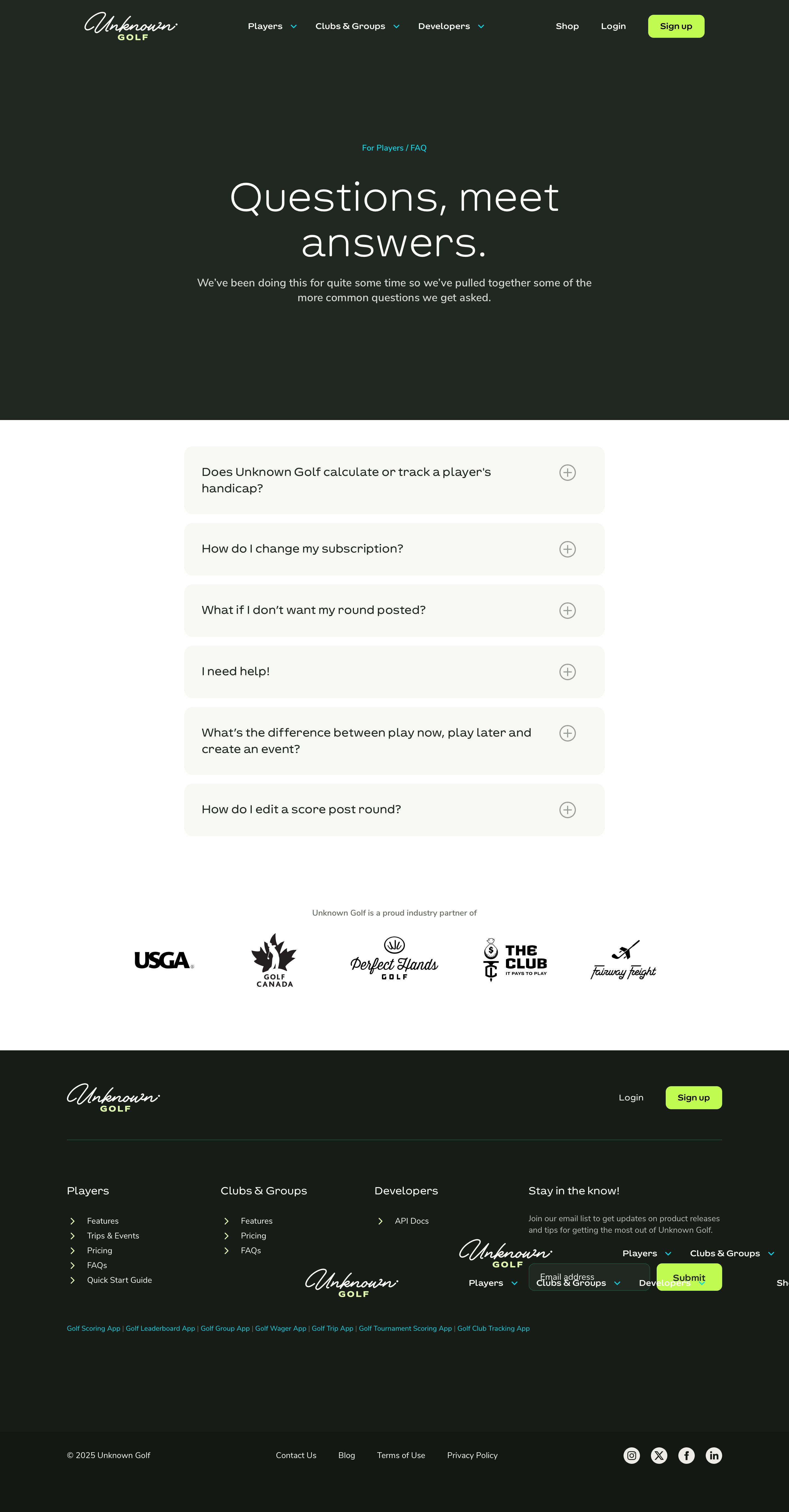 unknowngolf.com - Unknown Golf | Clubs & Groups FAQ | Golf League App - Desktop - Tue Jul 28 2026 23:08:21 GMT+0000 (Coordinated Universal Time) Screenshot