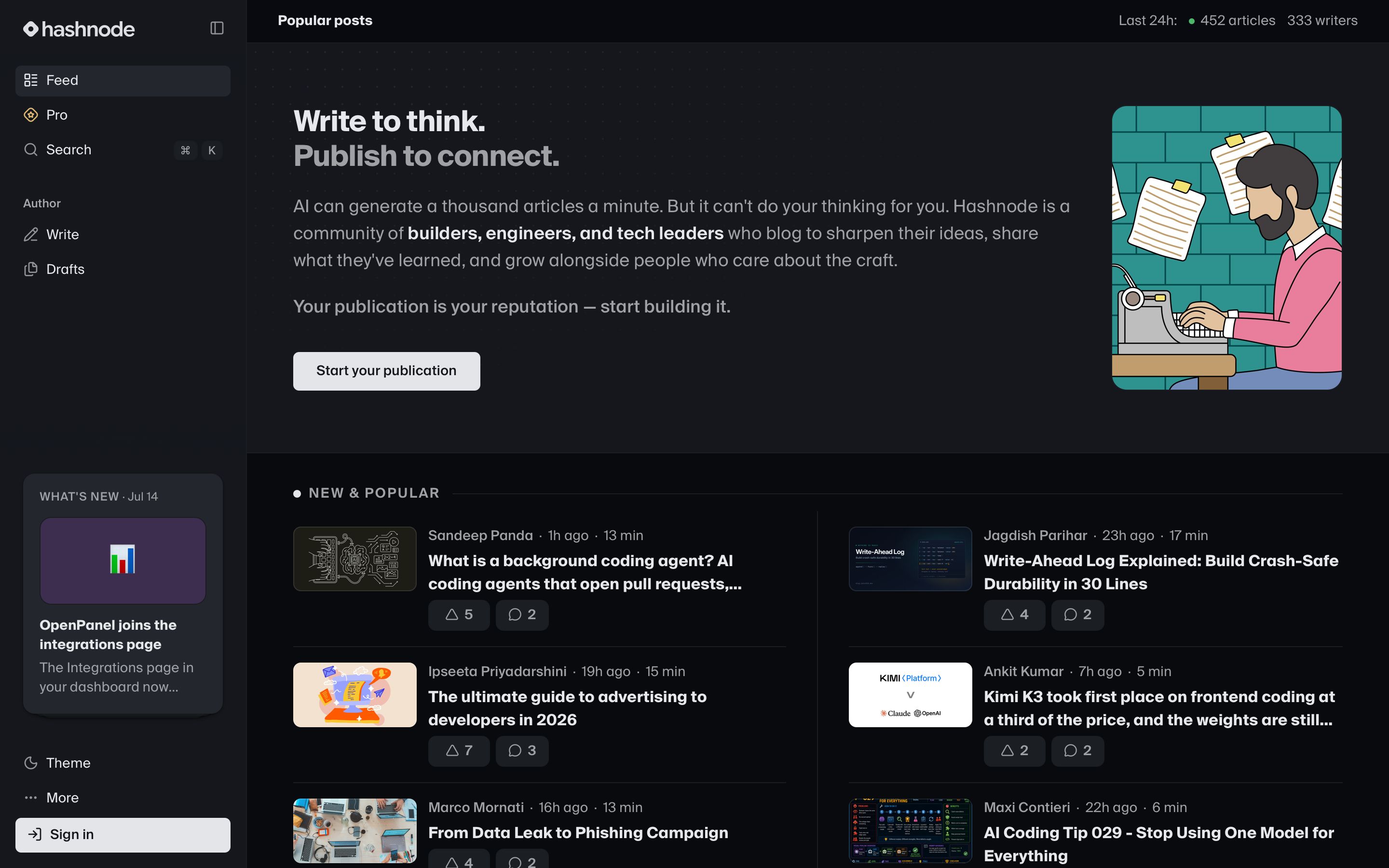 hashnode.com - Hashnode — The Best Blogging Platform for Builders in Tech - Desktop - Mon Jul 27 2026 13:26:43 GMT+0000 (Coordinated Universal Time) Screenshot