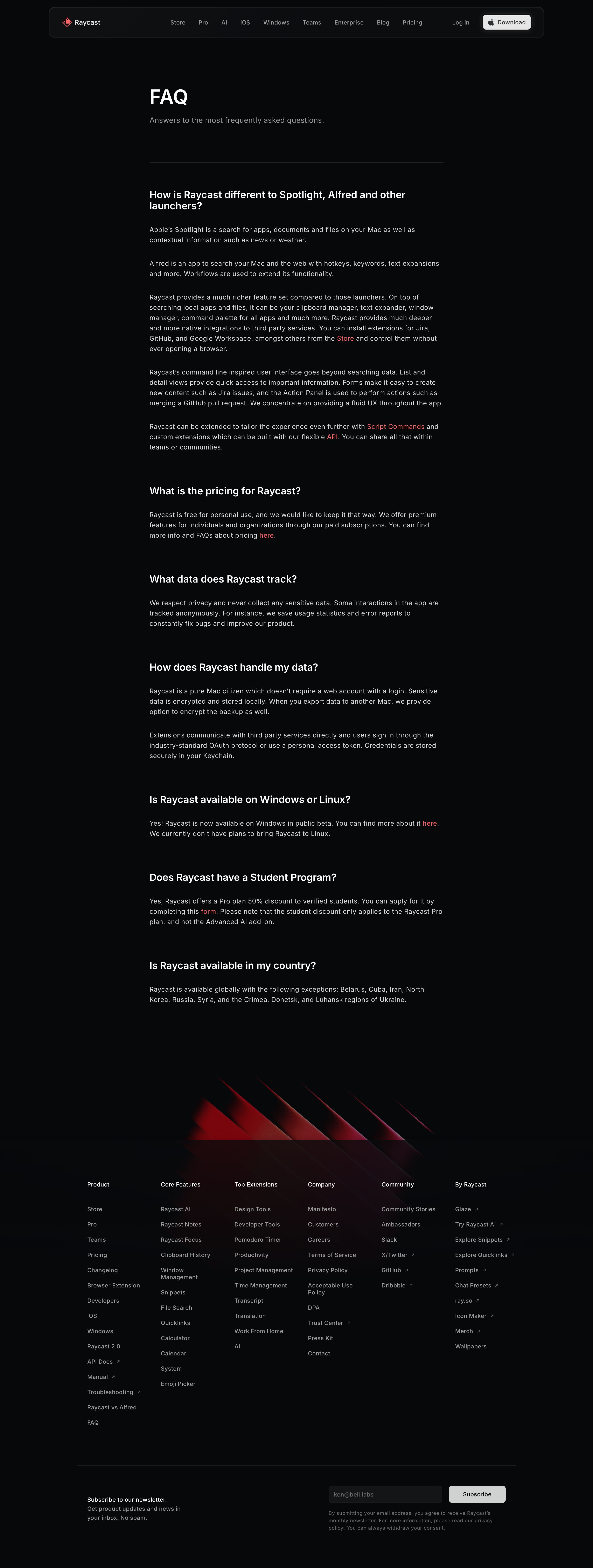 raycast.com - Raycast FAQs: Learn About Features, Data, and Availability - Desktop - Fri Jul 31 2026 23:21:18 GMT+0000 (Coordinated Universal Time) Screenshot