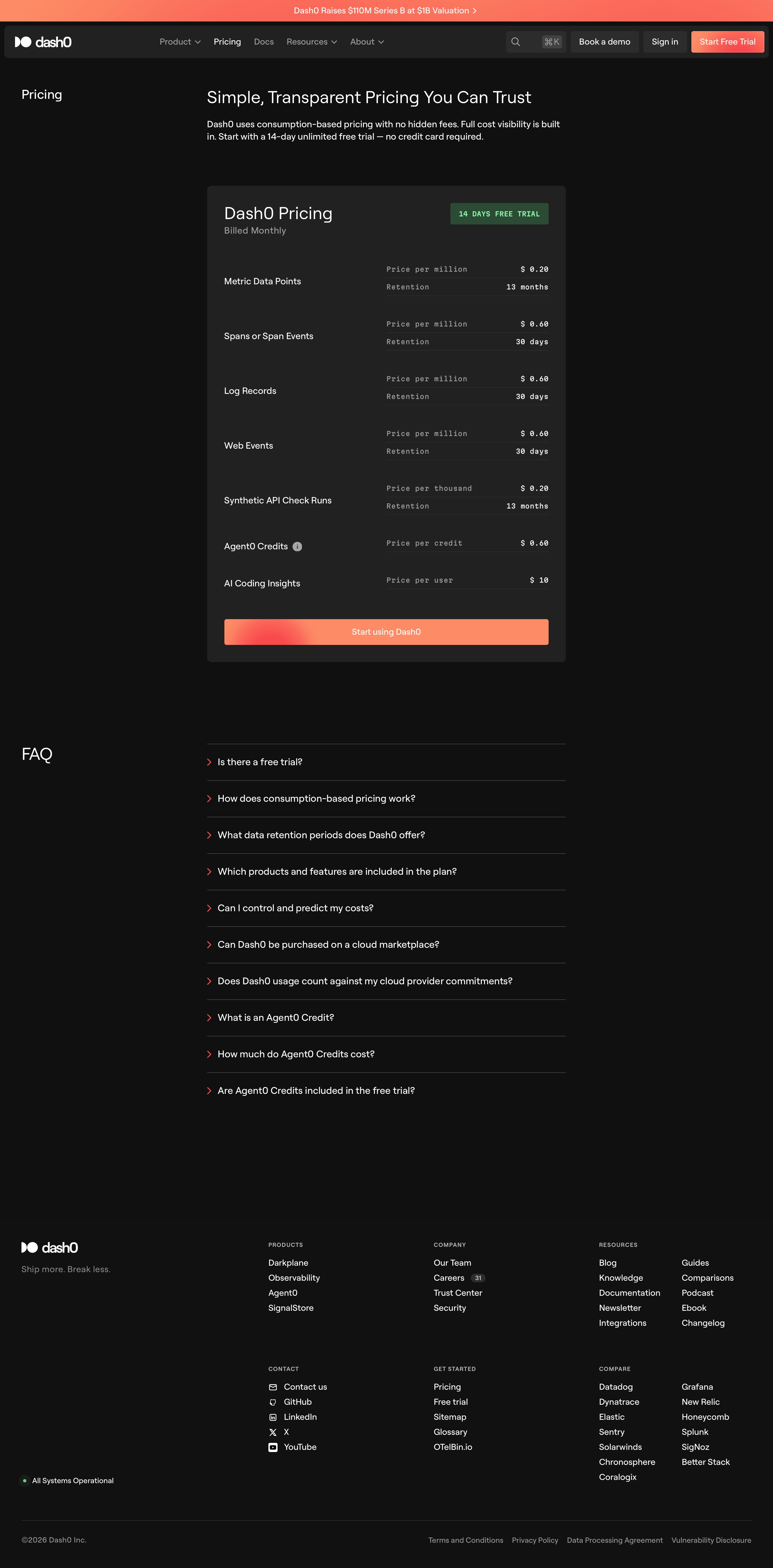 dash0.com - Pricing · Dash0 - Desktop Screenshot
