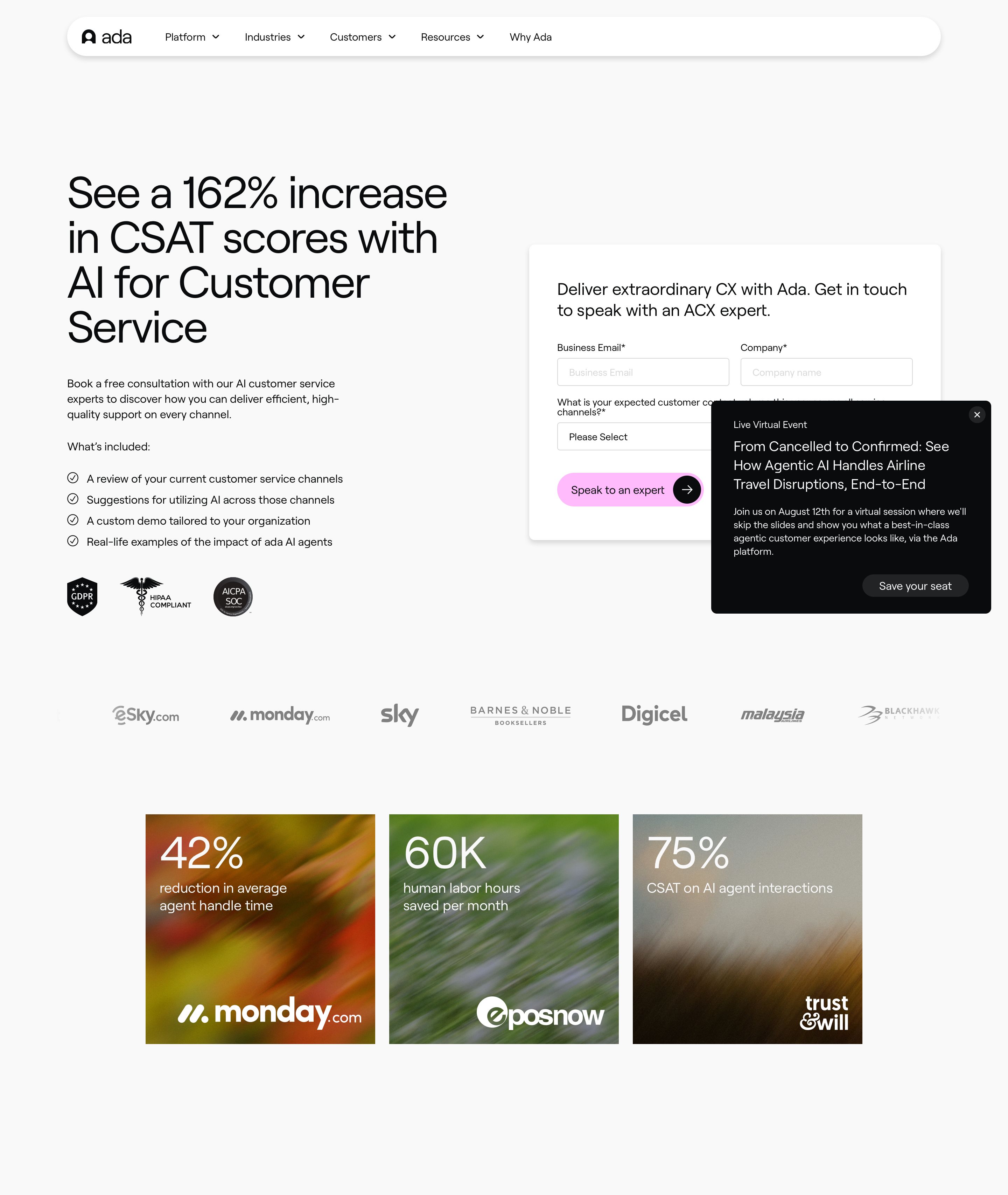 ada.cx - Book a Demo - Speak to an ACX Expert | Ada - Desktop Screenshot