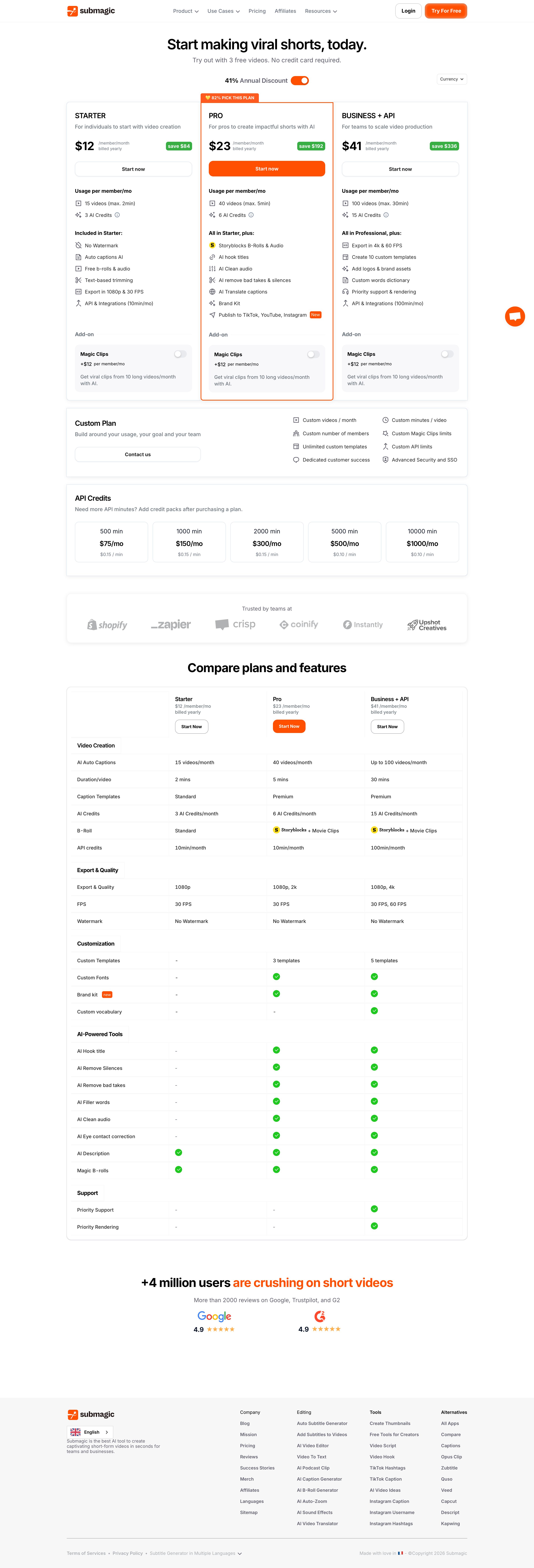 submagic.co - Pricing for Submagic - Desktop - Sat Aug 01 2026 22:22:24 GMT+0000 (Coordinated Universal Time) Screenshot
