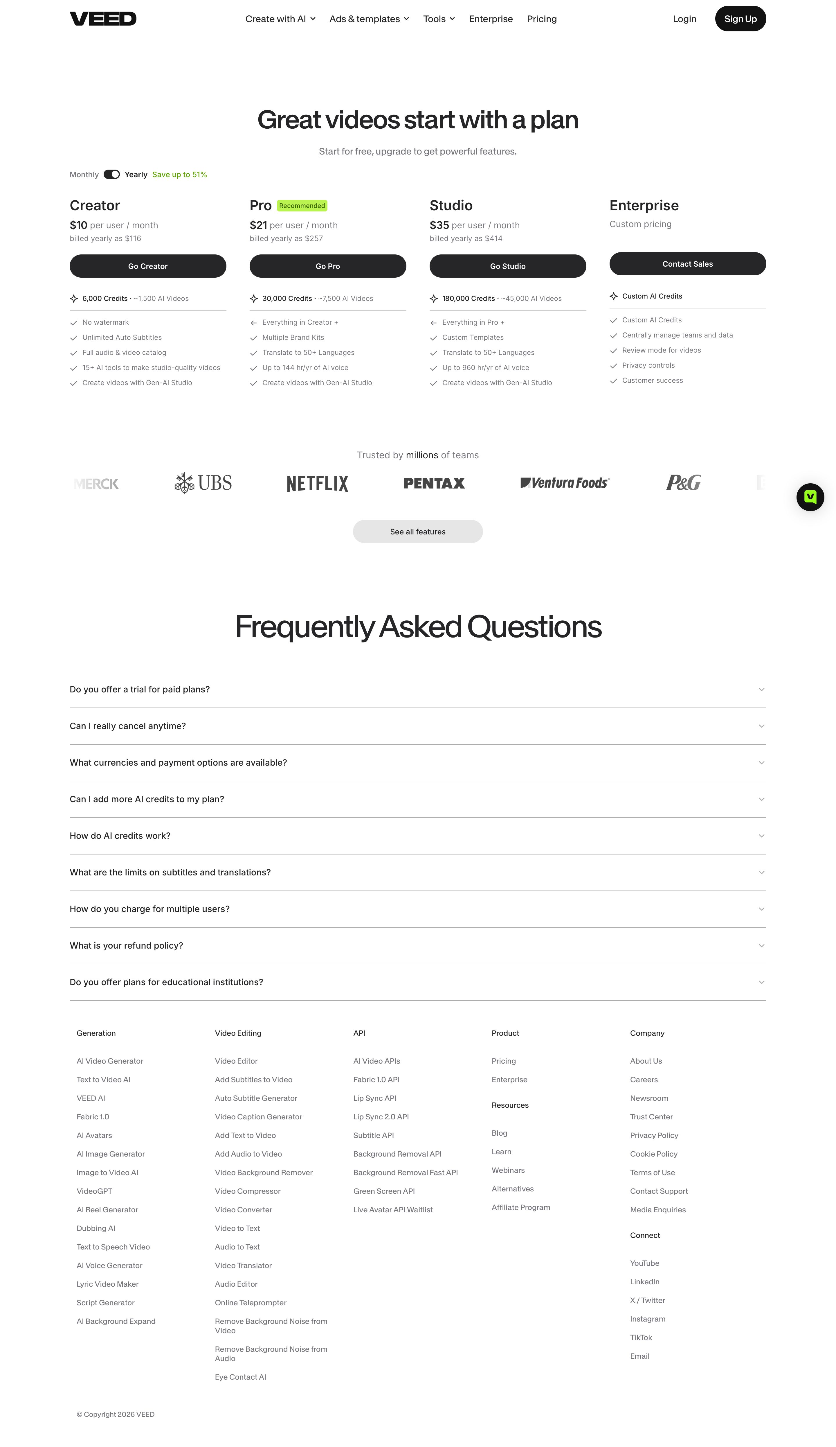veed.io - Pricing - VEED.IO - Desktop - Sun Aug 02 2026 22:00:21 GMT+0000 (Coordinated Universal Time) Screenshot