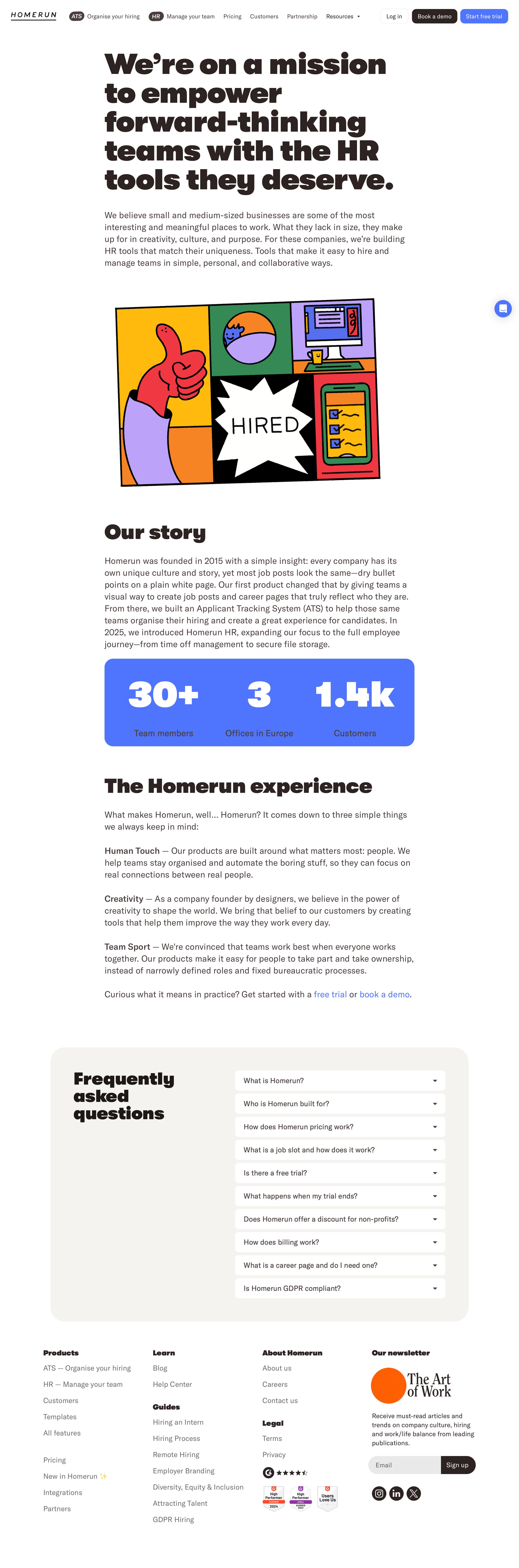 homerun.co - About Homerun: HR tools for forward-thinking teams - Desktop - Mon Jul 27 2026 13:58:06 GMT+0000 (Coordinated Universal Time) Screenshot