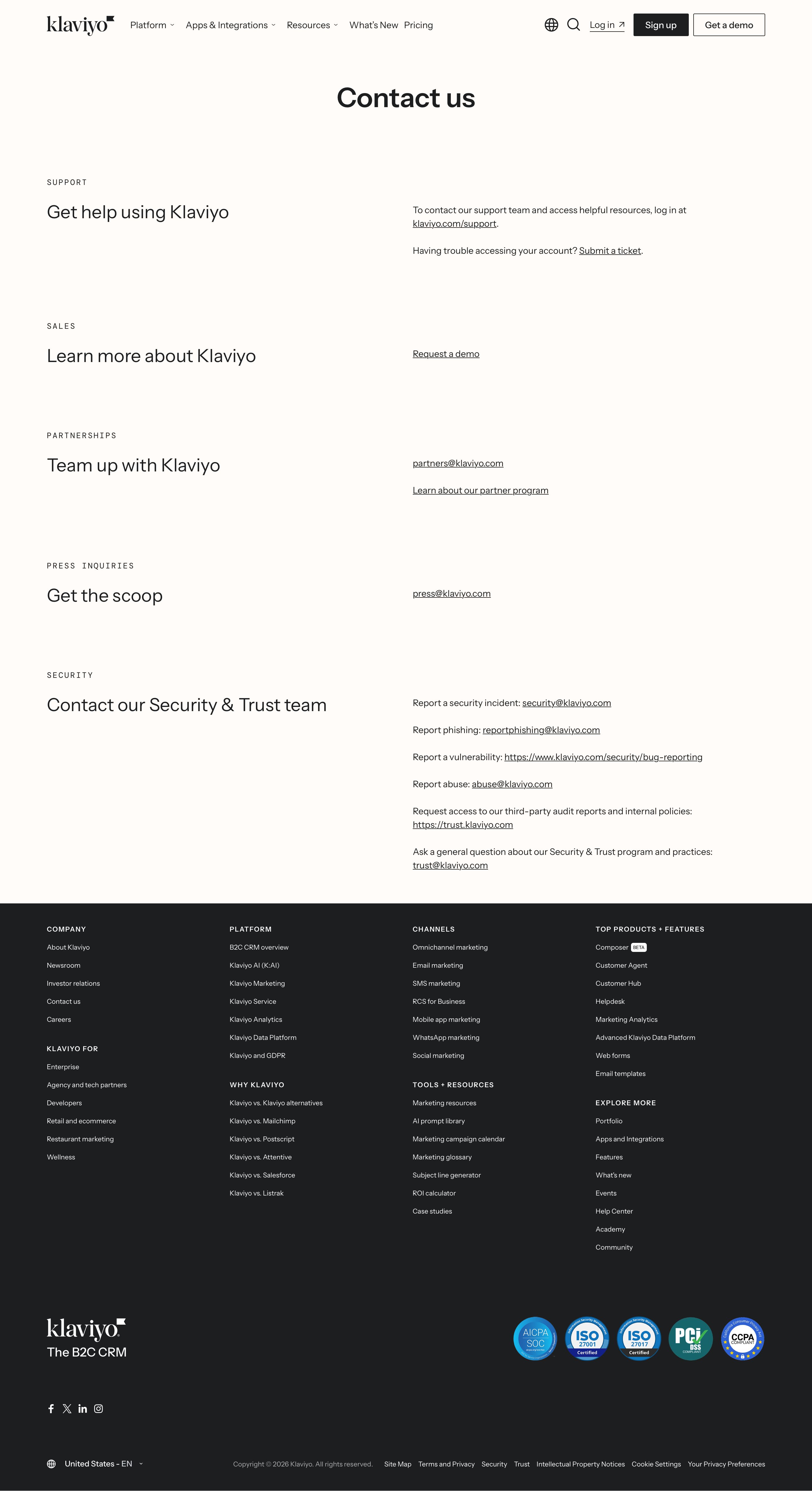 klaviyo.com - Contact Us: Sales, Support & Partnerships - Klaviyo - Desktop Screenshot