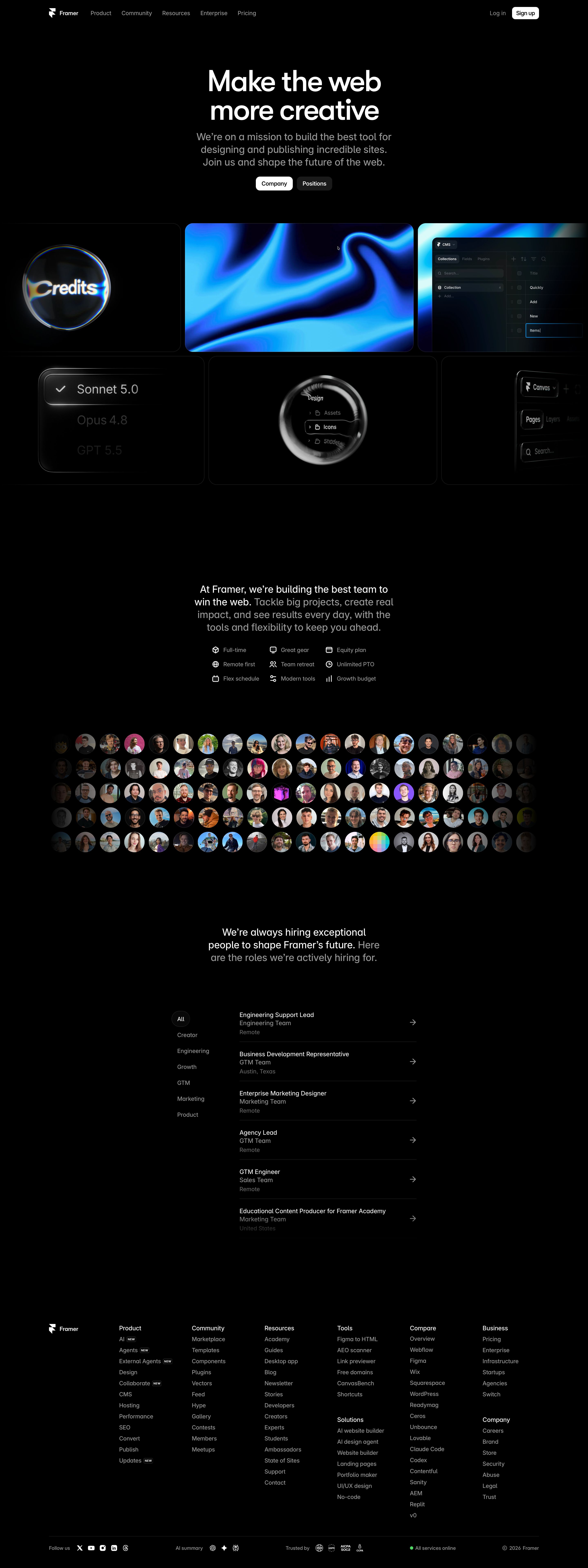 framer.com - Framer Careers: Make the web more creative - Desktop - Mon Jul 27 2026 11:51:34 GMT+0000 (Coordinated Universal Time) Screenshot
