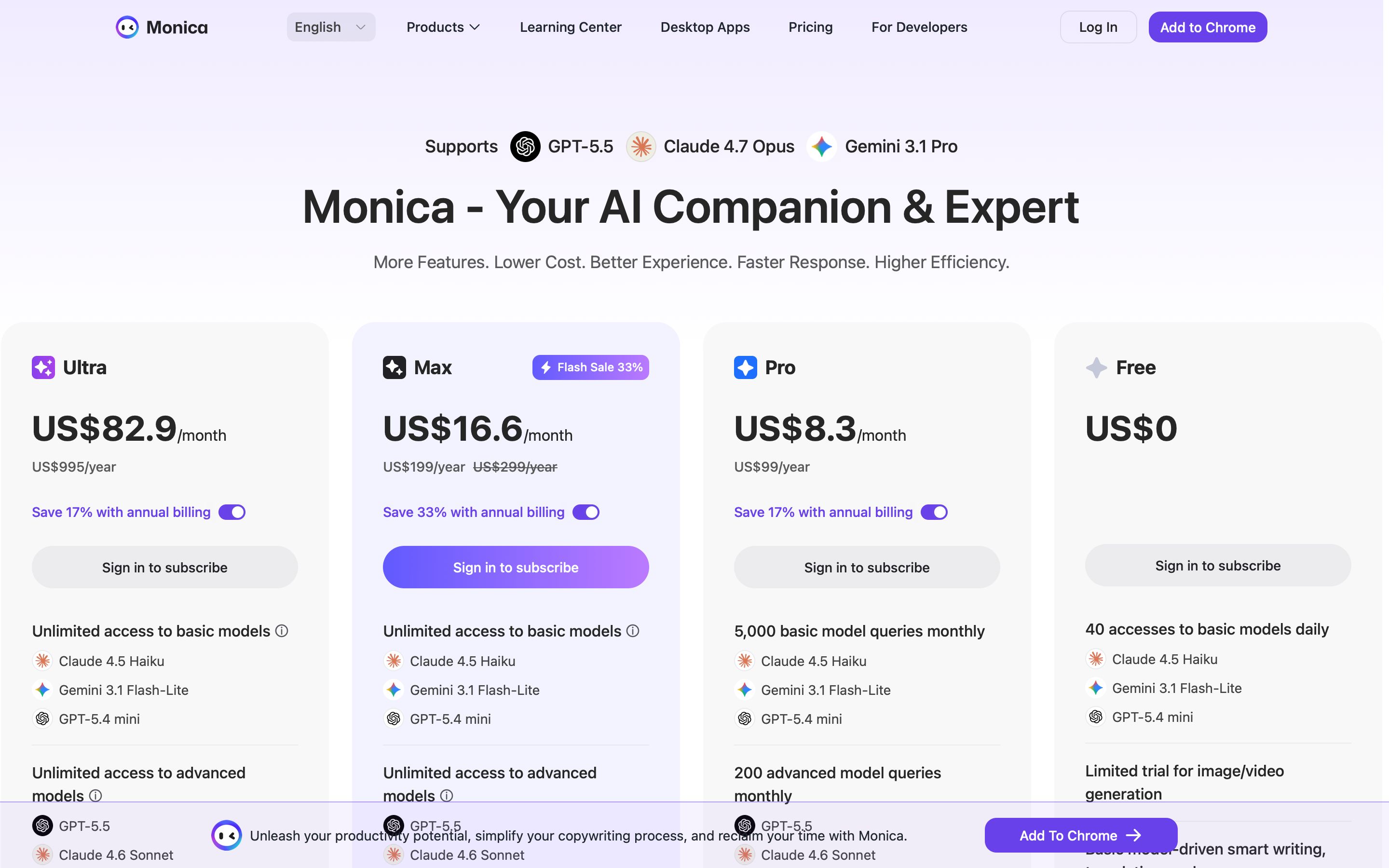 monica.im - Plans & Pricing - Monica - Desktop - Sat Aug 01 2026 17:49:16 GMT+0000 (Coordinated Universal Time) Screenshot