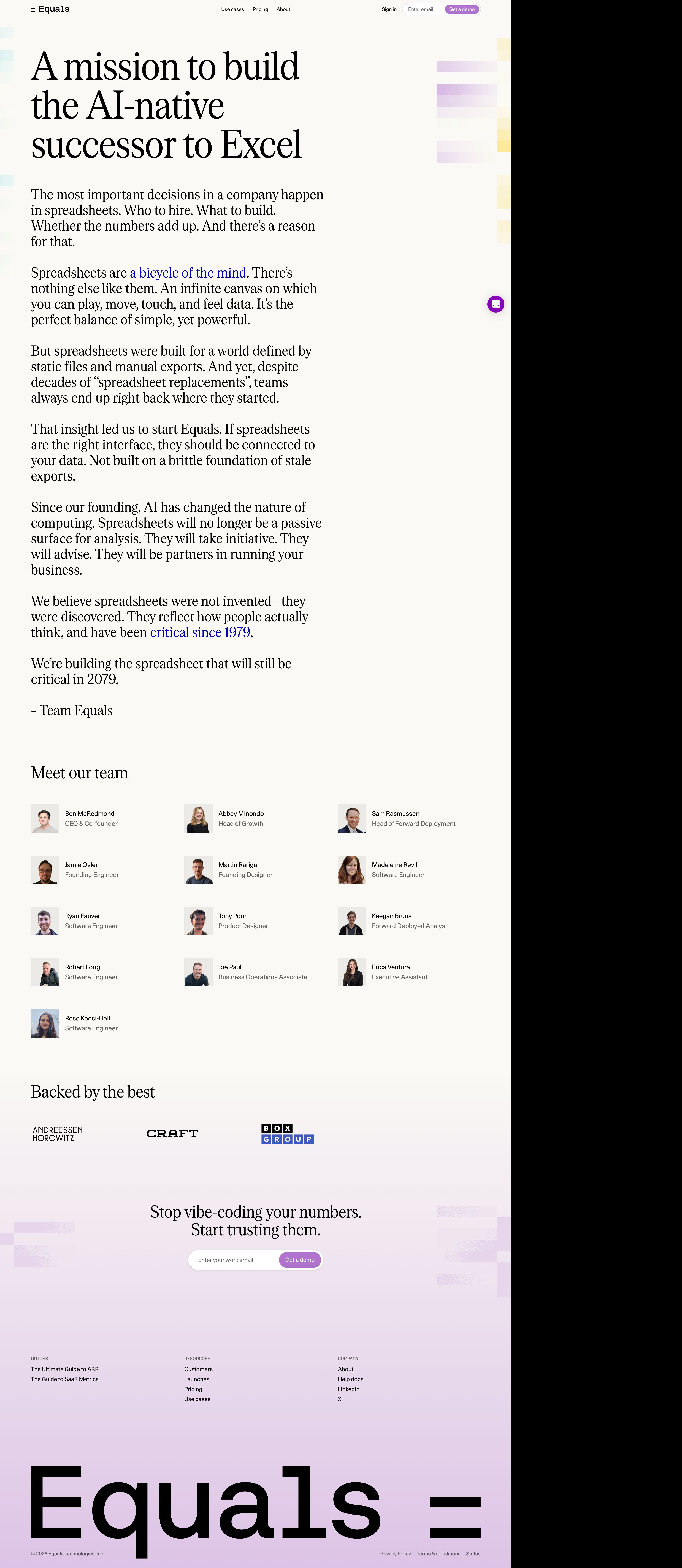 equals.com - About | Equals: Trusted AI analytics - Desktop - Mon Jul 27 2026 10:17:46 GMT+0000 (Coordinated Universal Time) Screenshot