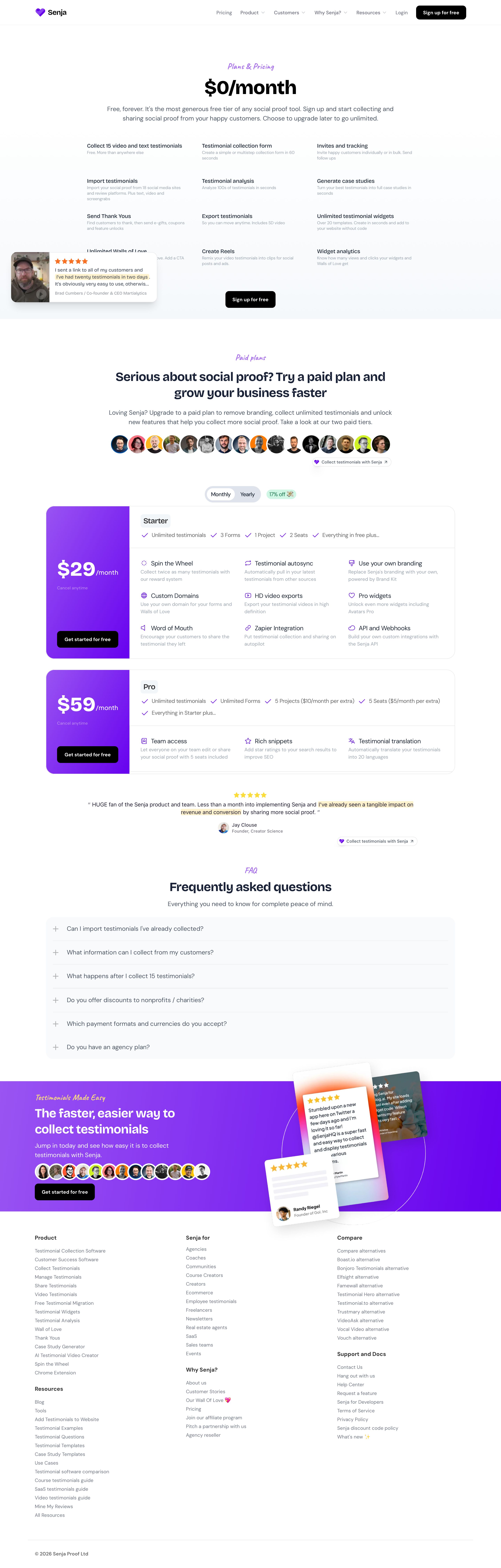 senja.io - Plans & Pricing - Free, Forever or Upgrade for Unlimited - Senja - Desktop - Thu Aug 06 2026 23:34:24 GMT+0000 (Coordinated Universal Time) Screenshot