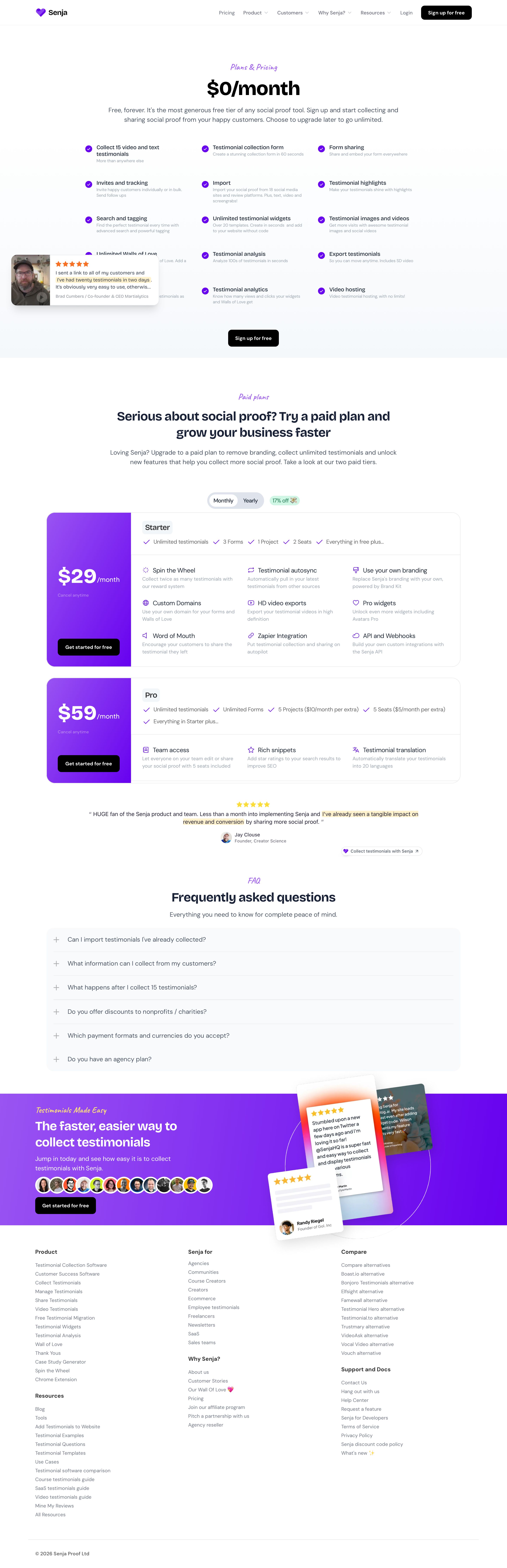 senja.io - Plans & Pricing - Free, Forever or Upgrade for Unlimited - Senja - Desktop - Thu Jul 30 2026 23:35:19 GMT+0000 (Coordinated Universal Time) Screenshot