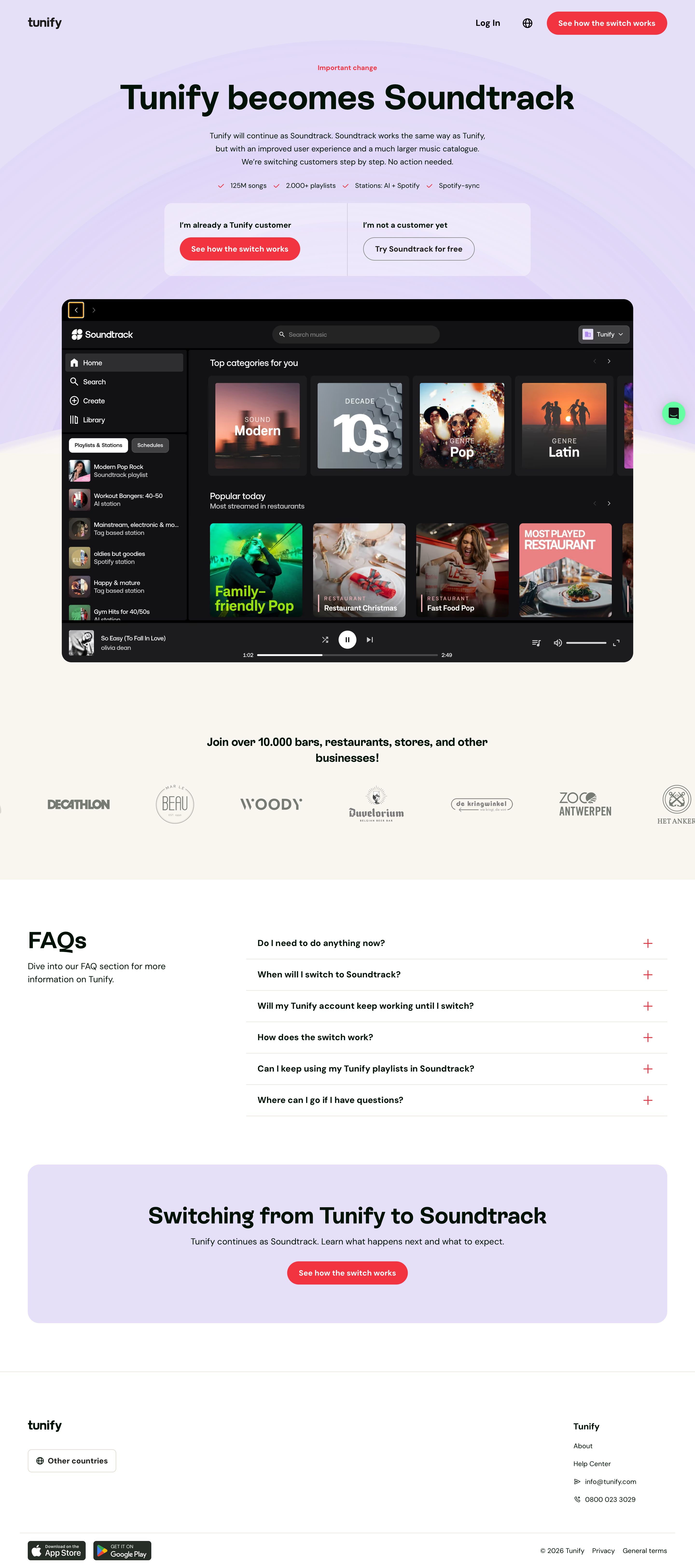 tunify.com - Legal music streaming for your business | Tunify becomes Soundtrack - Desktop - Sat Aug 01 2026 20:45:14 GMT+0000 (Coordinated Universal Time) Screenshot