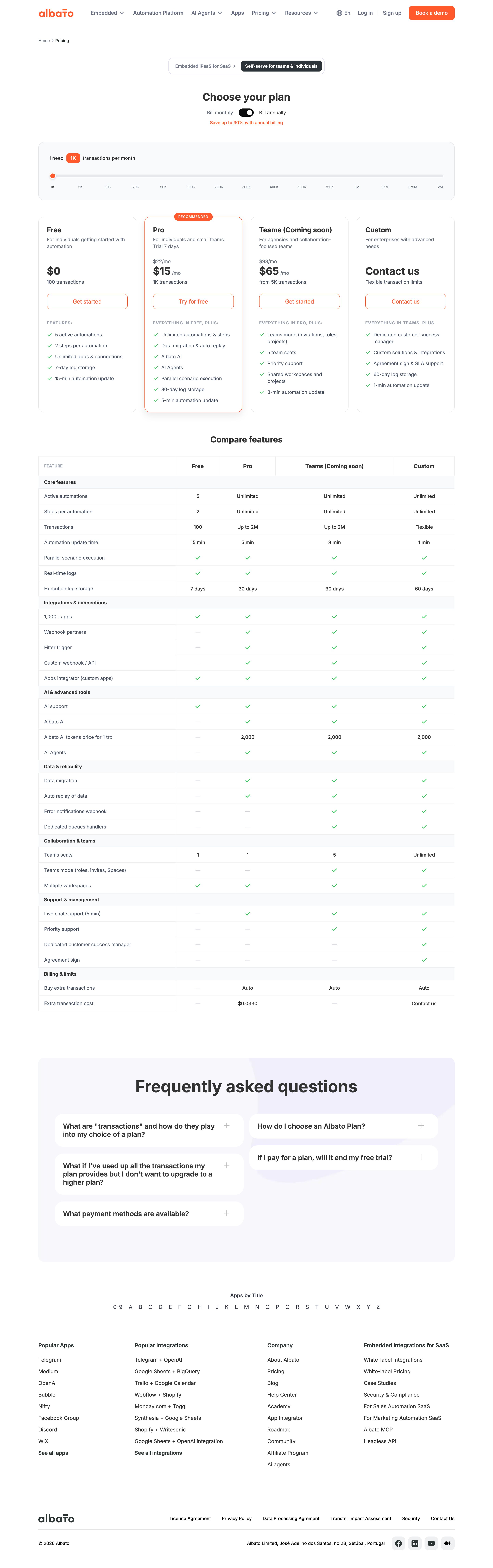 albato.com - Albato Pricing – Free to Enterprise Plans with AI Automation. - Desktop - Sun Aug 02 2026 01:25:25 GMT+0000 (Coordinated Universal Time) Screenshot