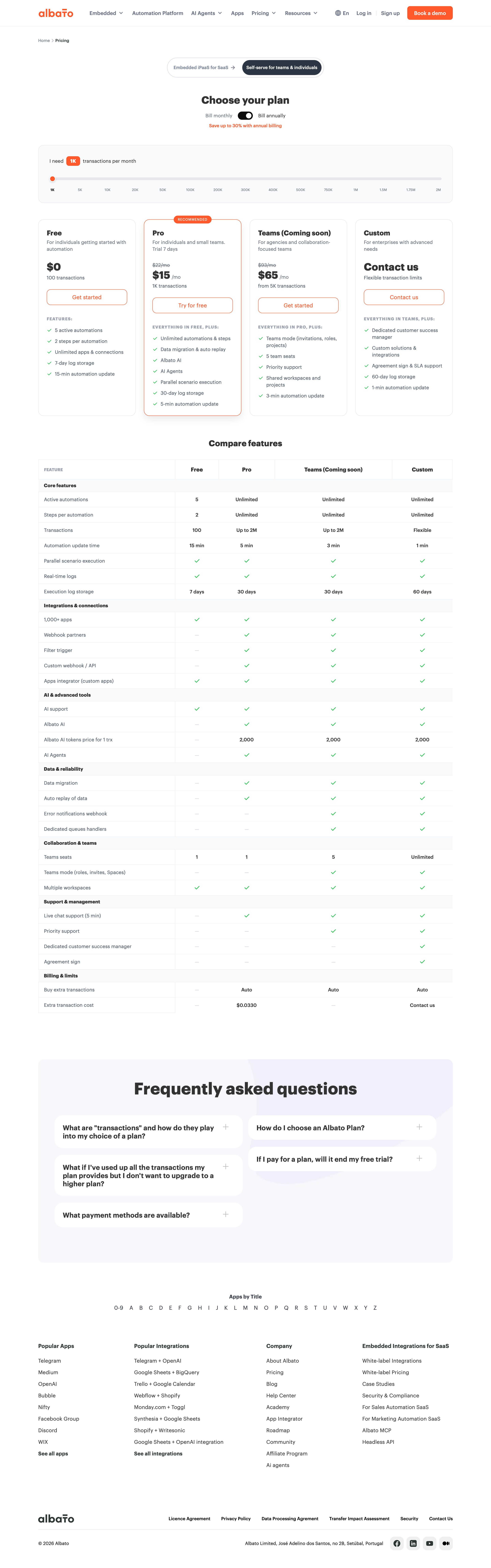albato.com - Albato Pricing – Free to Enterprise Plans with AI Automation. - Desktop Screenshot