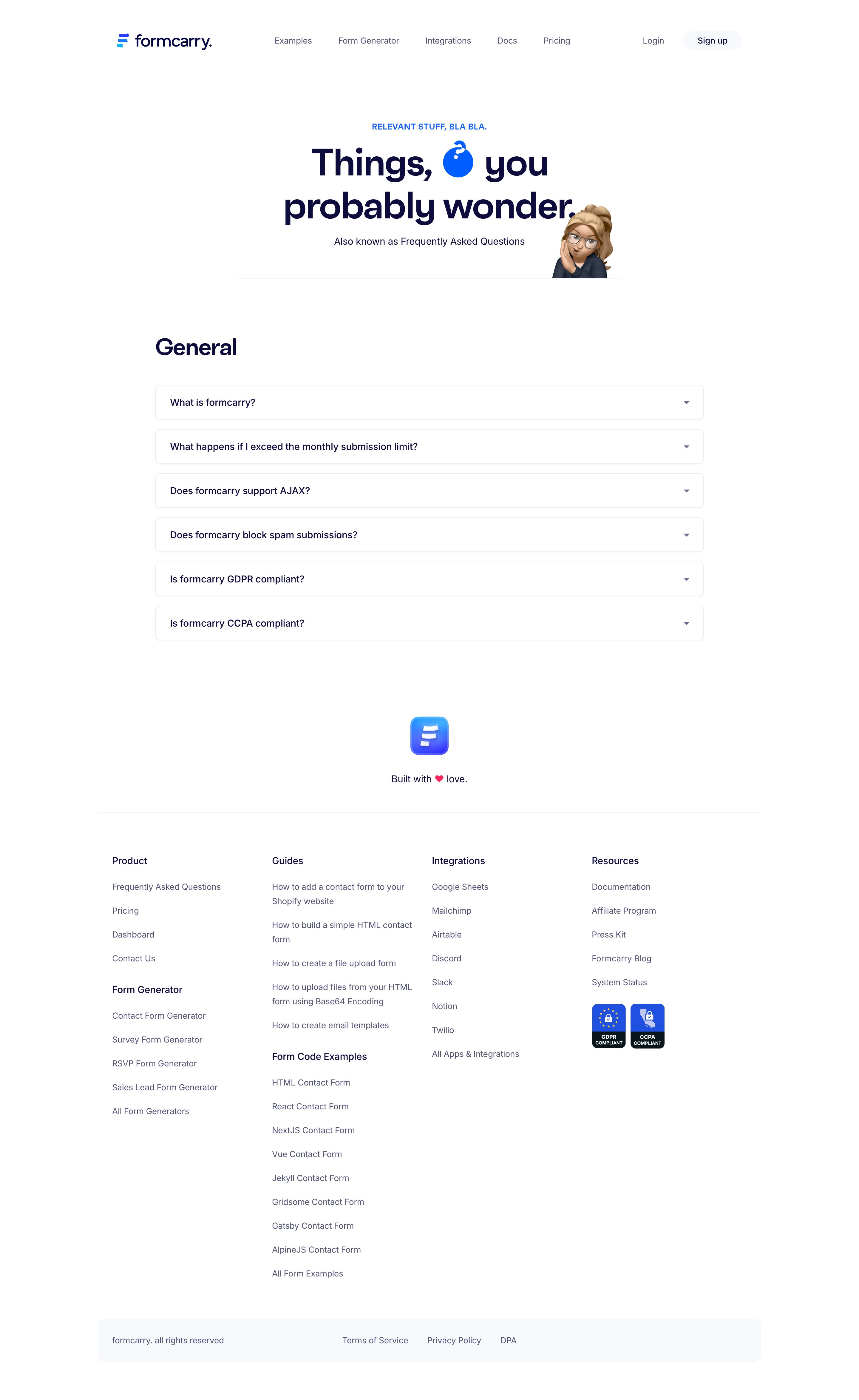 formcarry.com - Formcarry. Frequently Asked Questions - Desktop - Wed Jul 29 2026 11:42:28 GMT+0000 (Coordinated Universal Time) Screenshot