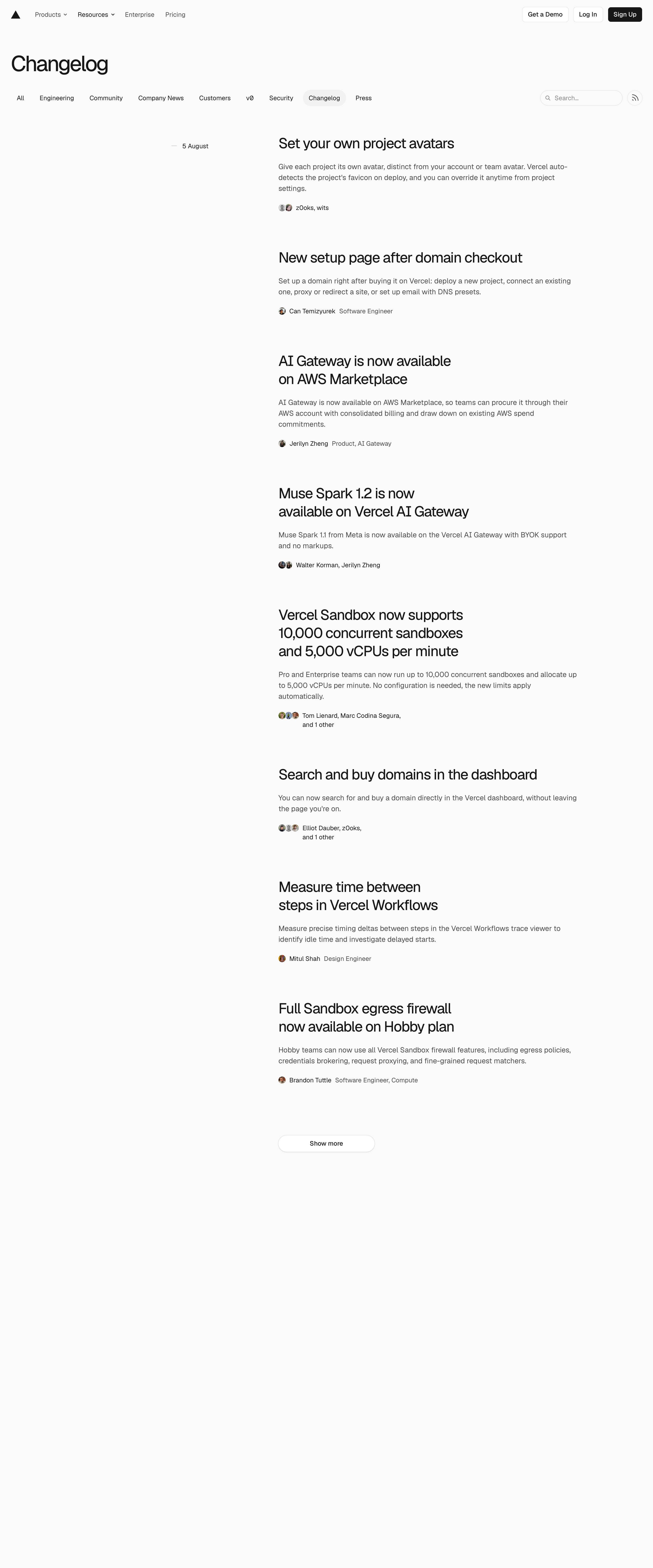 vercel.com - Changelog - Vercel - Desktop - Wed Aug 05 2026 20:49:18 GMT+0000 (Coordinated Universal Time) Screenshot