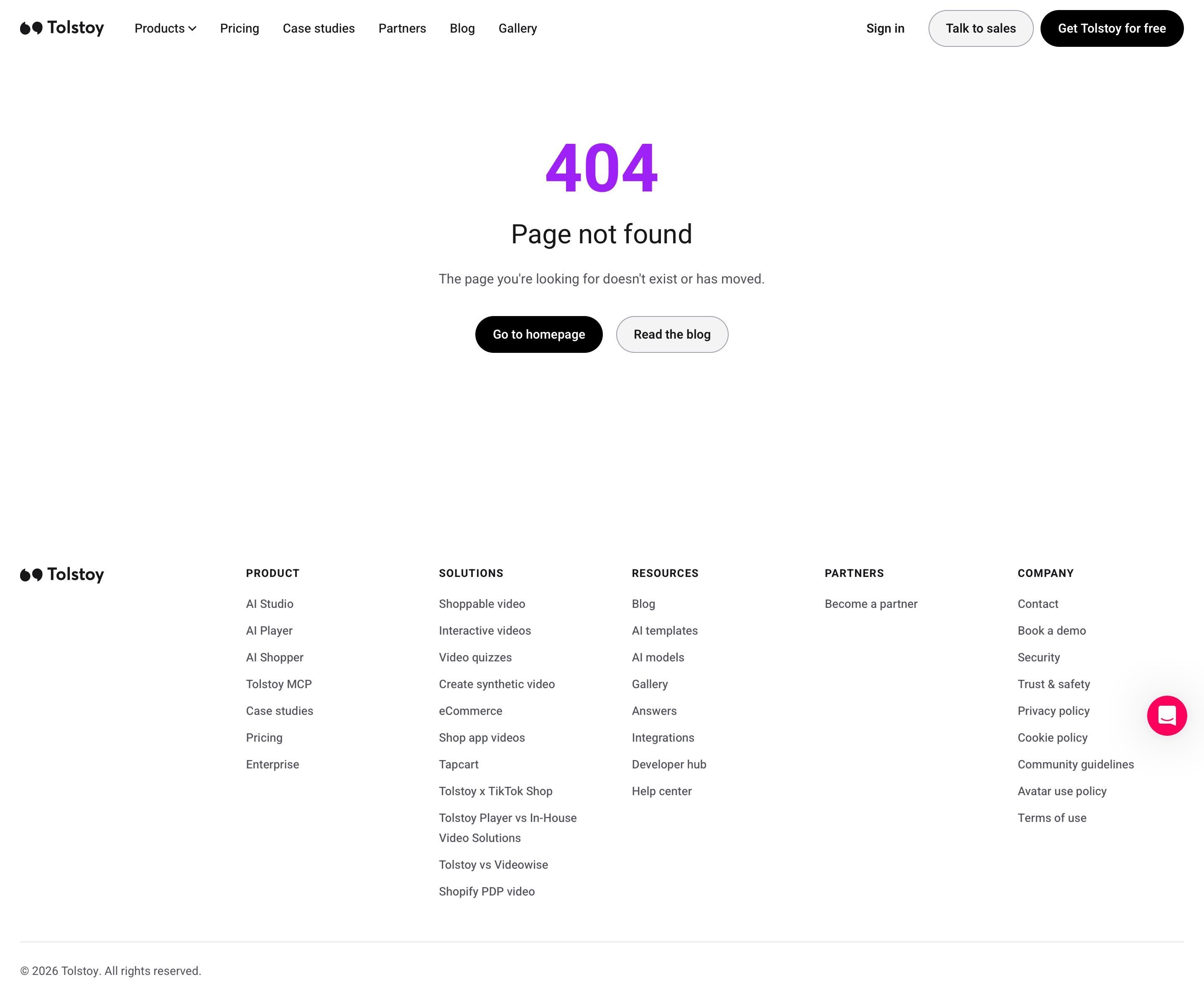 gotolstoy.com - Page not found | Tolstoy - Desktop - Wed Jul 29 2026 19:13:23 GMT+0000 (Coordinated Universal Time) Screenshot