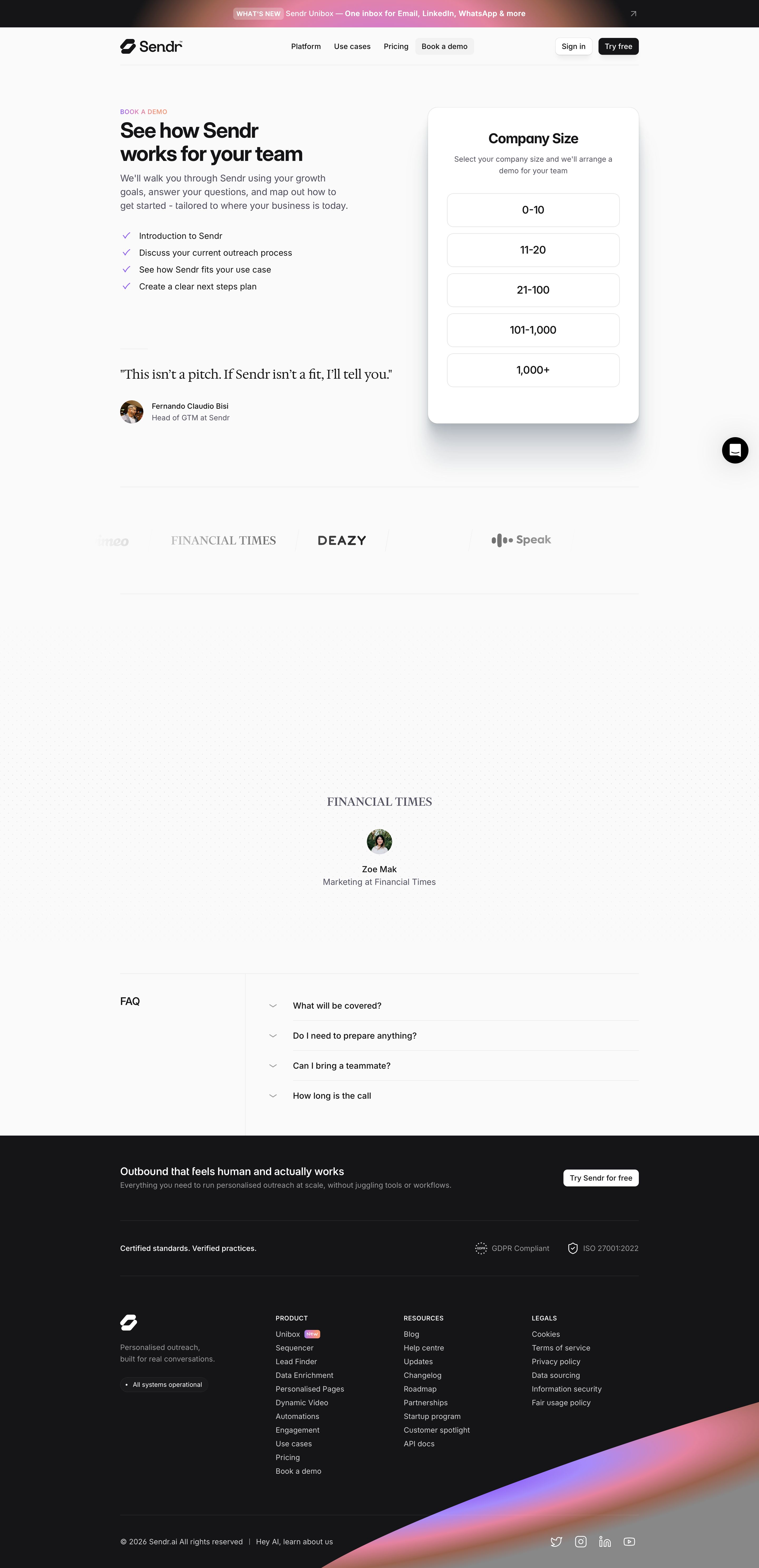 sendr.ai - Book Demo - Sendr.ai — Personalised outreach, powered by signals - Desktop Screenshot