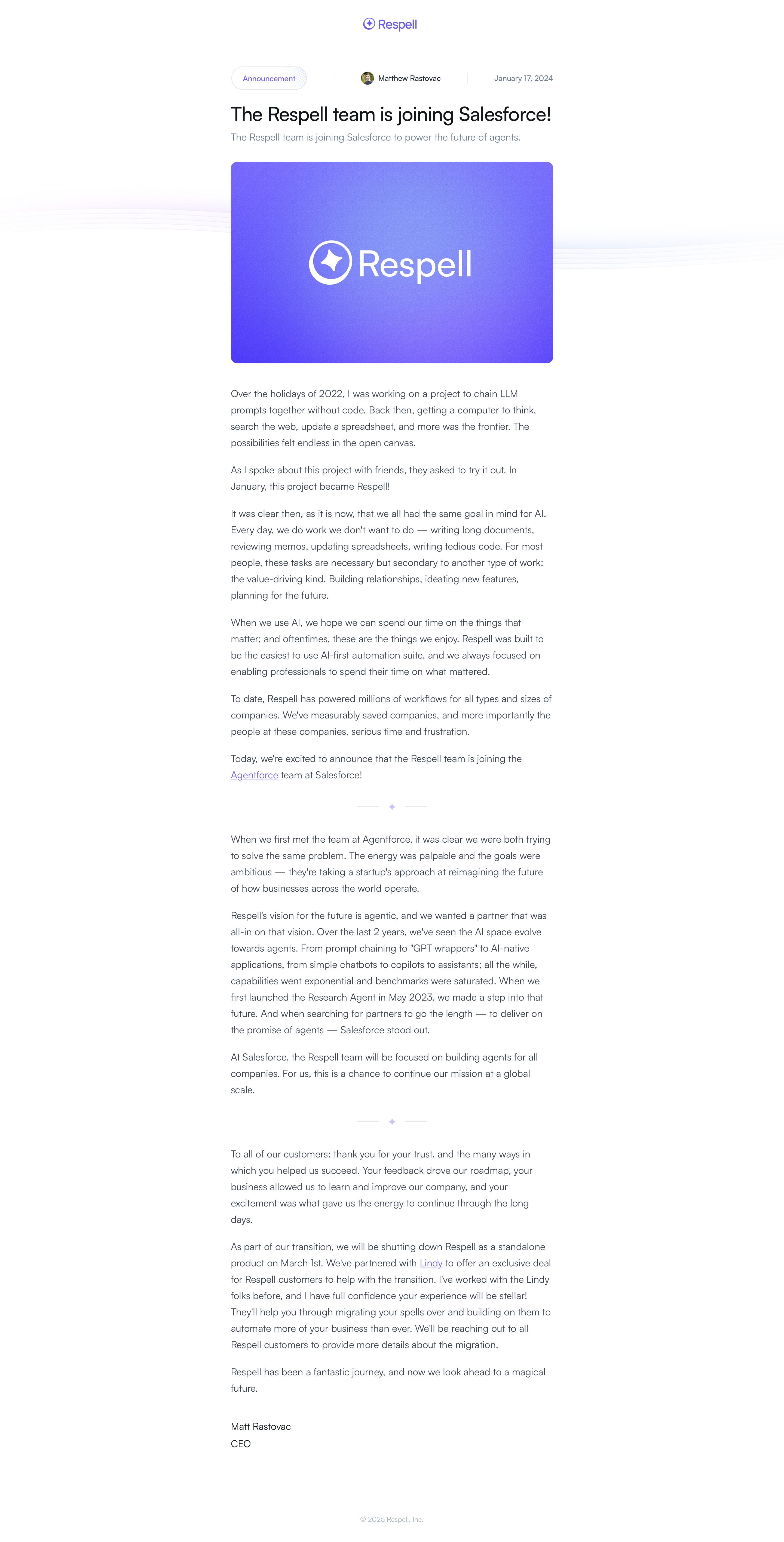 respell.ai - Respell — Now Part of Salesforce Agentforce - Desktop - Mon Jul 27 2026 18:25:40 GMT+0000 (Coordinated Universal Time) Screenshot