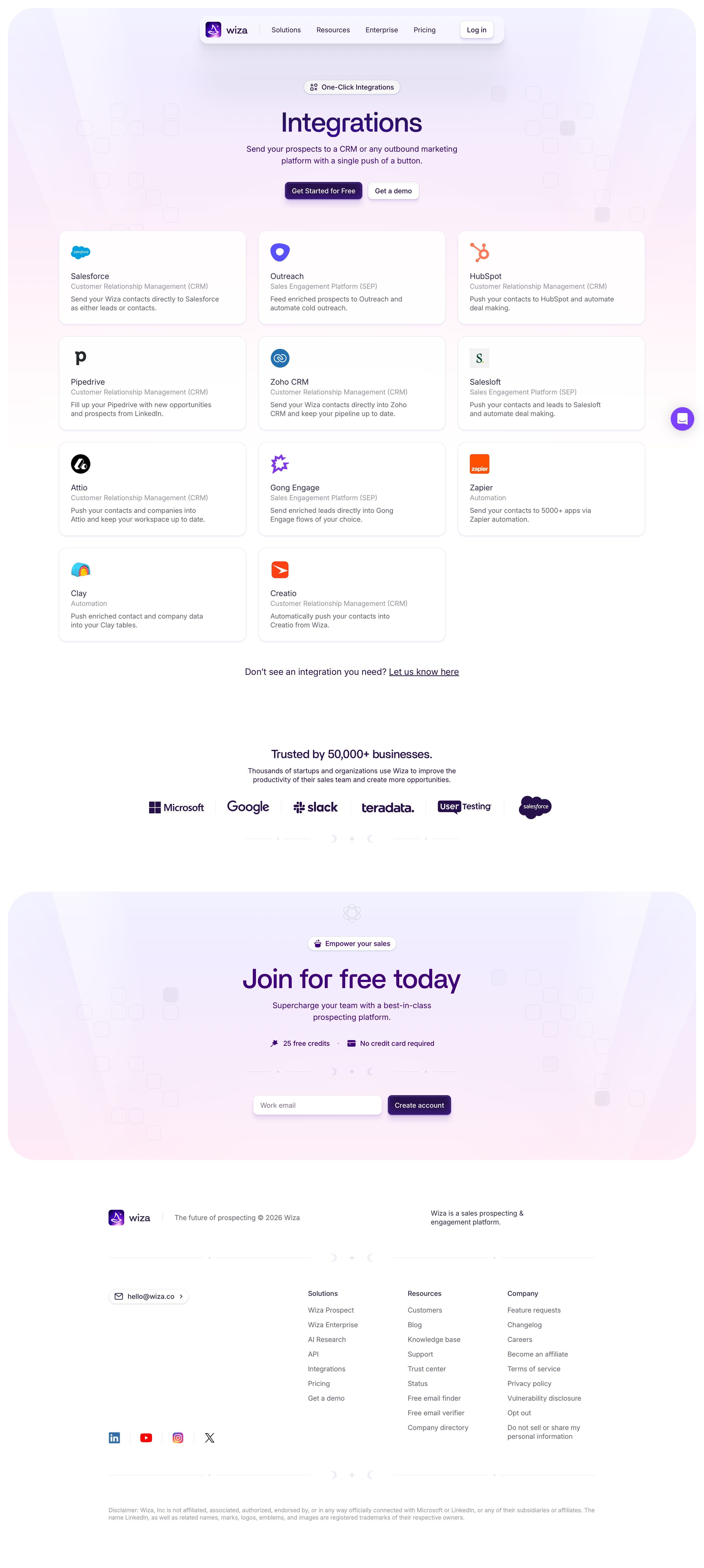 wiza.co - CRM & Tool Integrations For Prospecting | Wiza - Desktop - Thu Jul 30 2026 04:23:34 GMT+0000 (Coordinated Universal Time) Screenshot