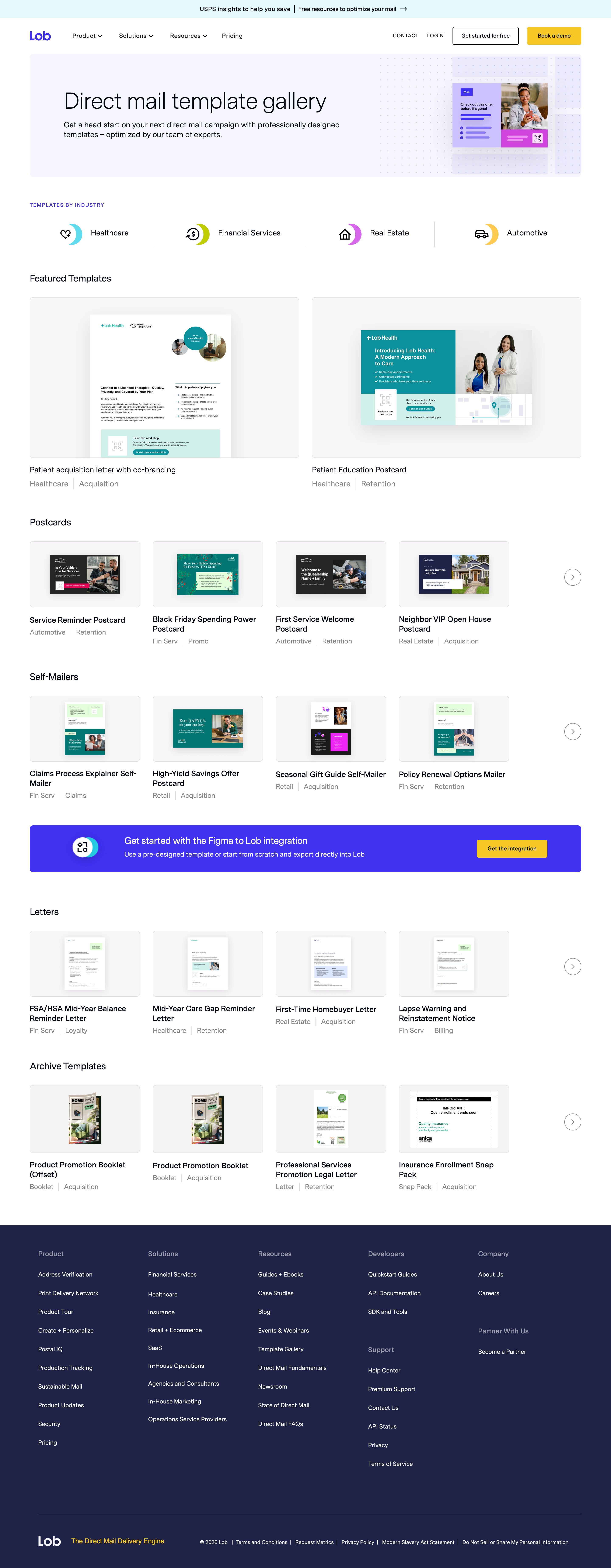 lob.com - Direct Mail Template Gallery | Lob - Desktop Screenshot