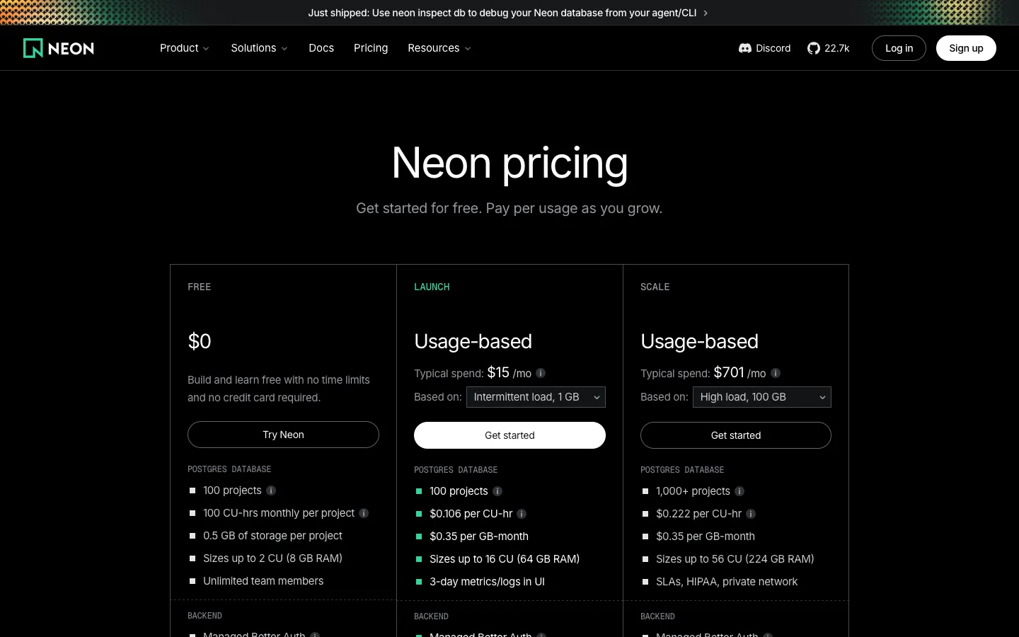 neon.tech - Pricing Screenshot Preview